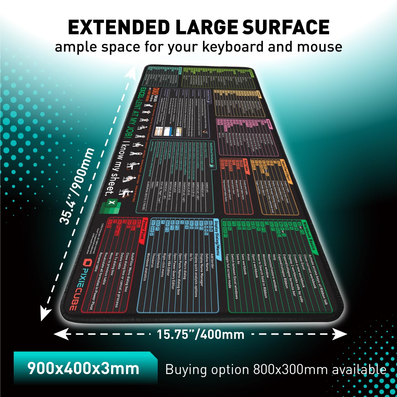 Excel Shortcut Keys Mouse Pad - Extended Large XL Cheat Sheet Gaming Mousepad | PC Office Spreadsheet Keyboard Mat | Non-Slip Stitched Edge