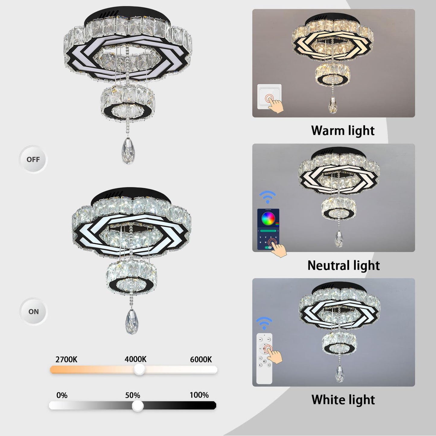 Flashing God Crystal Chandeliers Dia 32" Silver Elegant Chandelier Flush Mount Ceiling Light for Bedroom Living Room Dining Room Hallway Dimmable 3 Rings LED Celing Lighting Fixtures