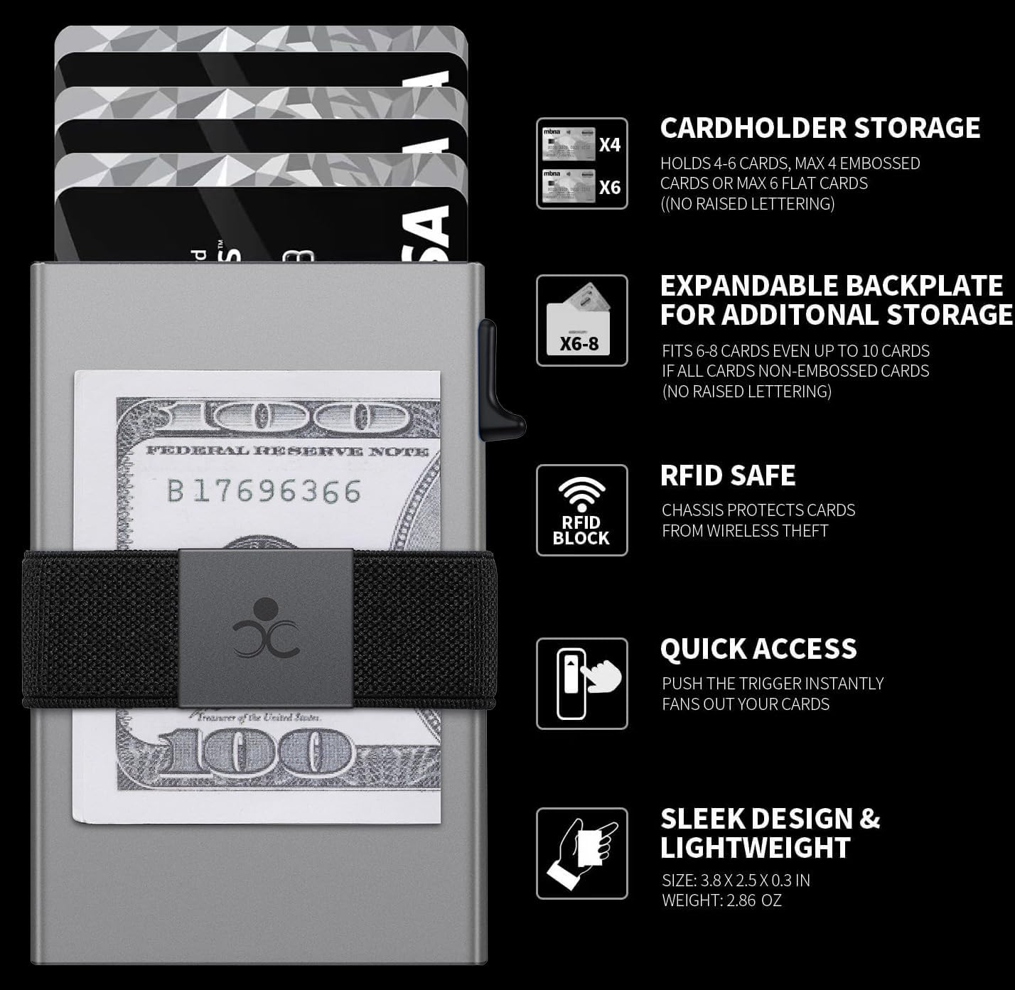 Slim Aluminum Card Holder Wallet for Men, Durable Expandable Backplate, RFID Blocking Minimalist Metal Pop Up Wallet, Holds 12+ Cards Plus Cash (Black)