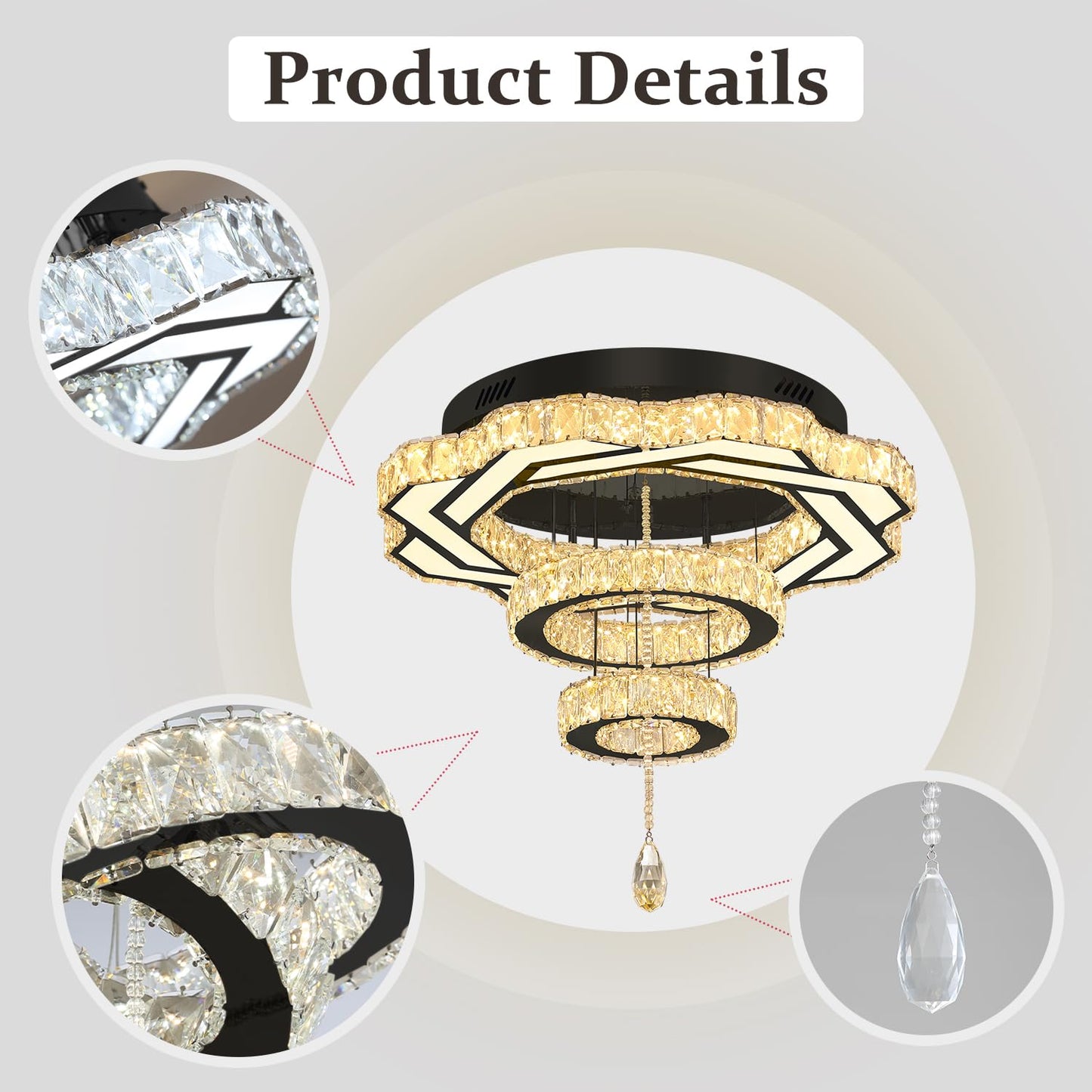 Flashing God Crystal Chandeliers Dia 32" Silver Elegant Chandelier Flush Mount Ceiling Light for Bedroom Living Room Dining Room Hallway Dimmable 3 Rings LED Celing Lighting Fixtures