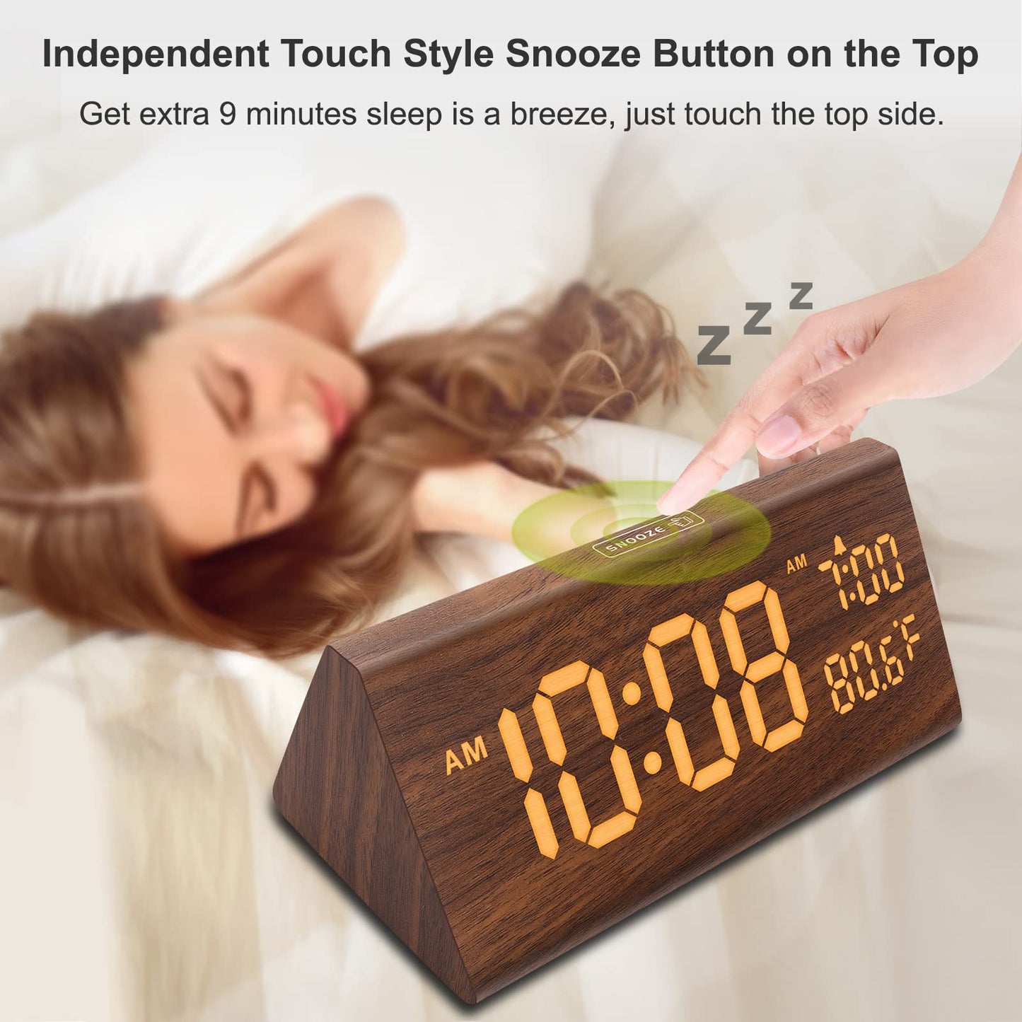 DreamSky Digital Alarm Clocks for Bedrooms - Wooden Desk Clock with Date, Day of Week, USB Port, Temperature, Dimmer for Bedside Table, Living Room, Office, Adjustable Volume, Auto DST, Wood Decor
