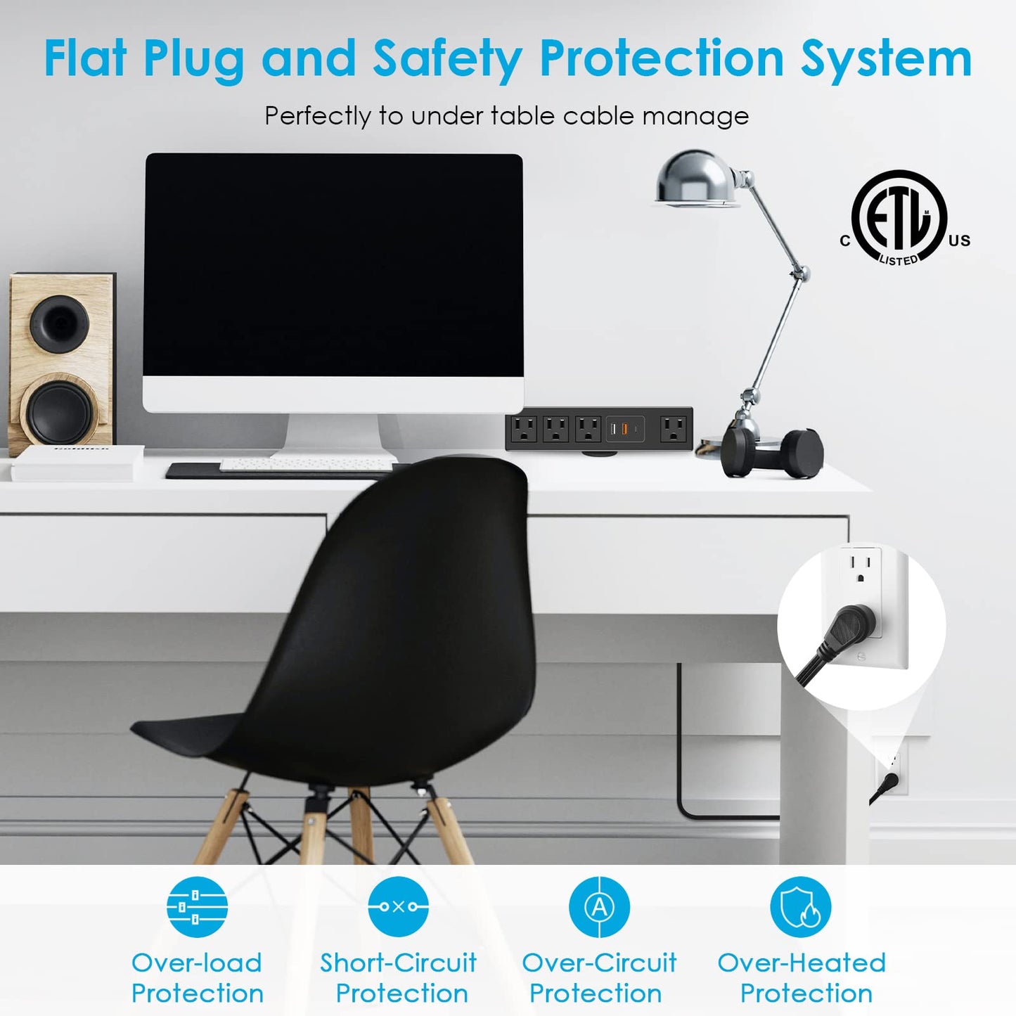 CCCEI Desk Clamp Power Strip with USB-A and USB-C Ports, Desktop Mount Surge Protector 1200J, Widely Spaced Desk Outlet Station, Fast Charging, 6 FT Flat Plug, Fit 1.9 inch Tabletop Edge. (Black)