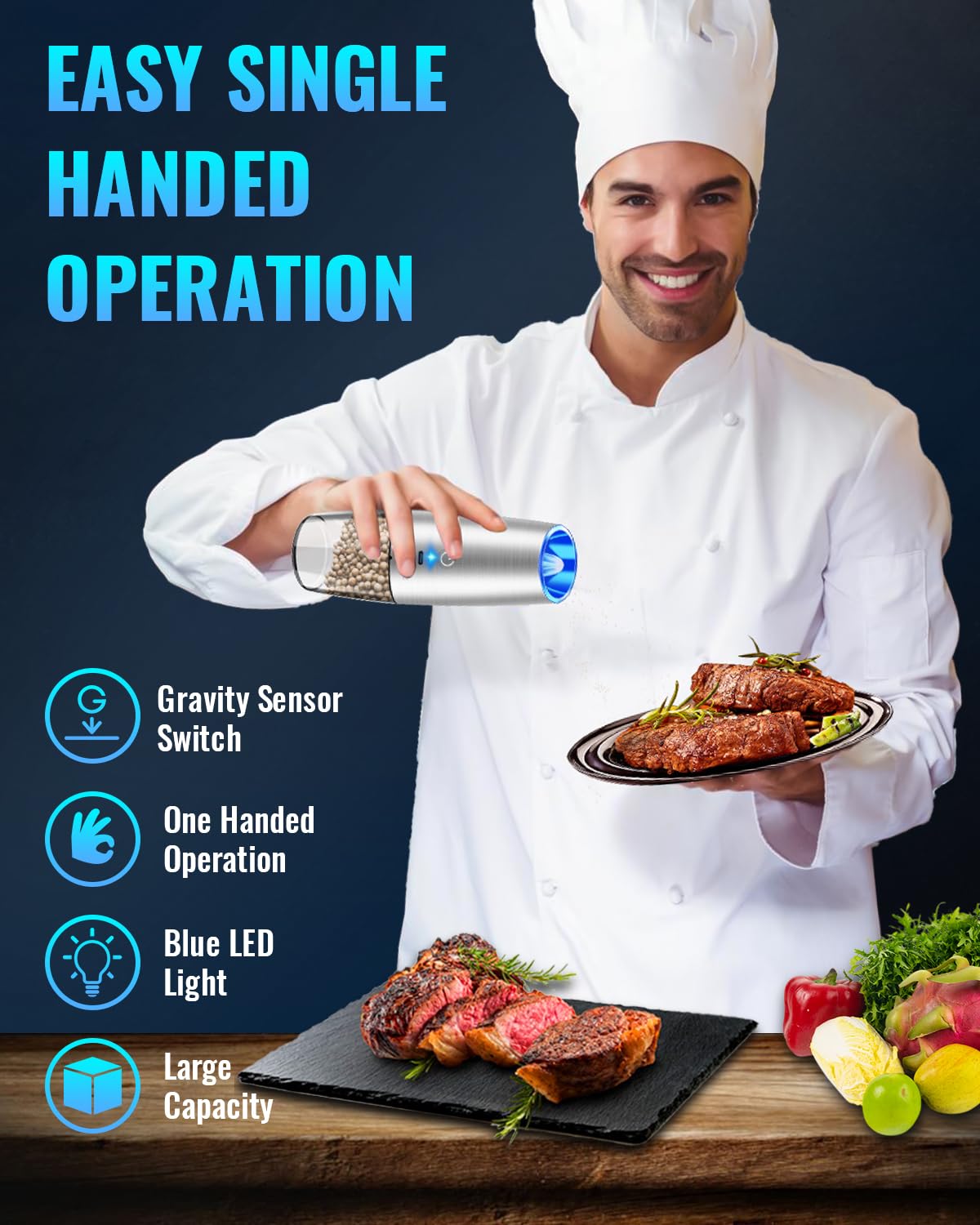 Gravity Electric Pepper and Salt Grinder Set, Salt and Pepper Mill & Adjustable Coarseness, Battery Powered with LED Light, One Hand Automatic Operation, Stainless Steel (Set/Silver)