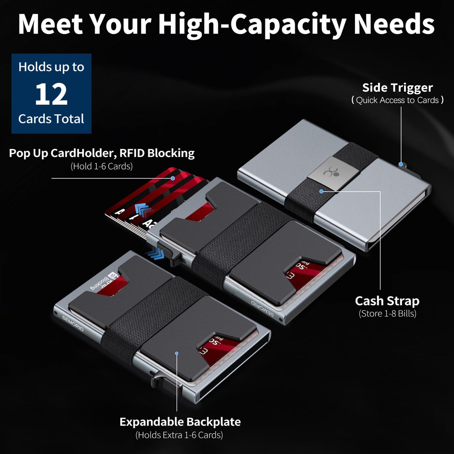 Slim Aluminum Card Holder Wallet for Men, Durable Expandable Backplate, RFID Blocking Minimalist Metal Pop Up Wallet, Holds 12+ Cards Plus Cash (Black)