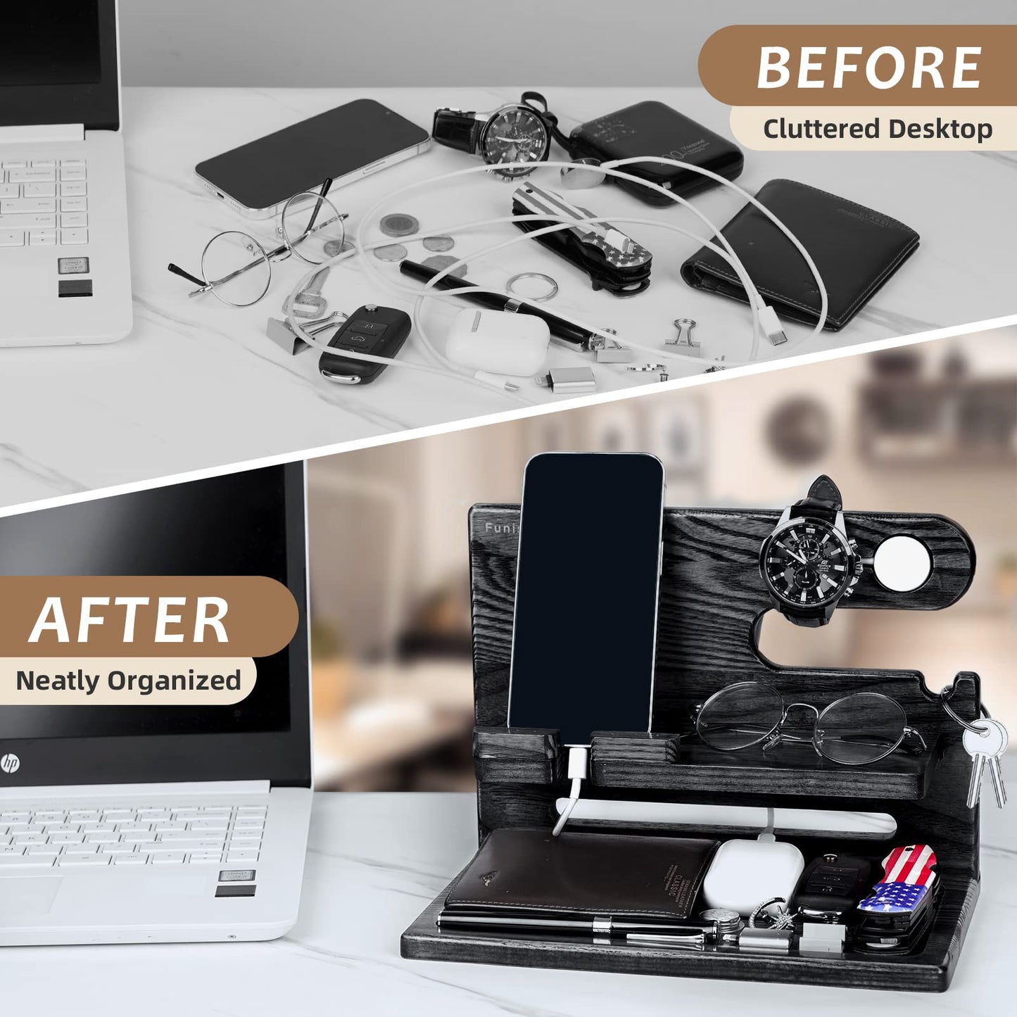 Gifts for Men Dad from Daughter Son Christmas, Wood Phone Docking Station with Drawer, Husband Birthday Gifts Him Boyfriend from Wife Anniversary Nightstand Organizer Xmas Stocking Stuffers