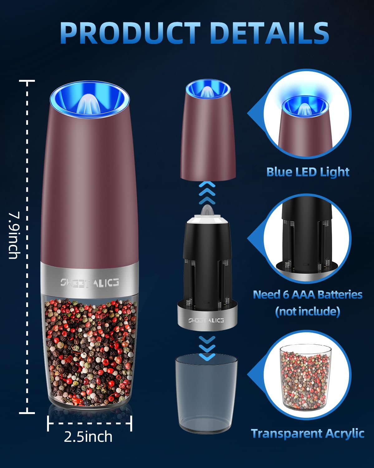 Gravity Electric Pepper and Salt Grinder Set, Salt and Pepper Mill & Adjustable Coarseness, Battery Powered with LED Light, One Hand Automatic Operation, Stainless Steel (Set/Silver)