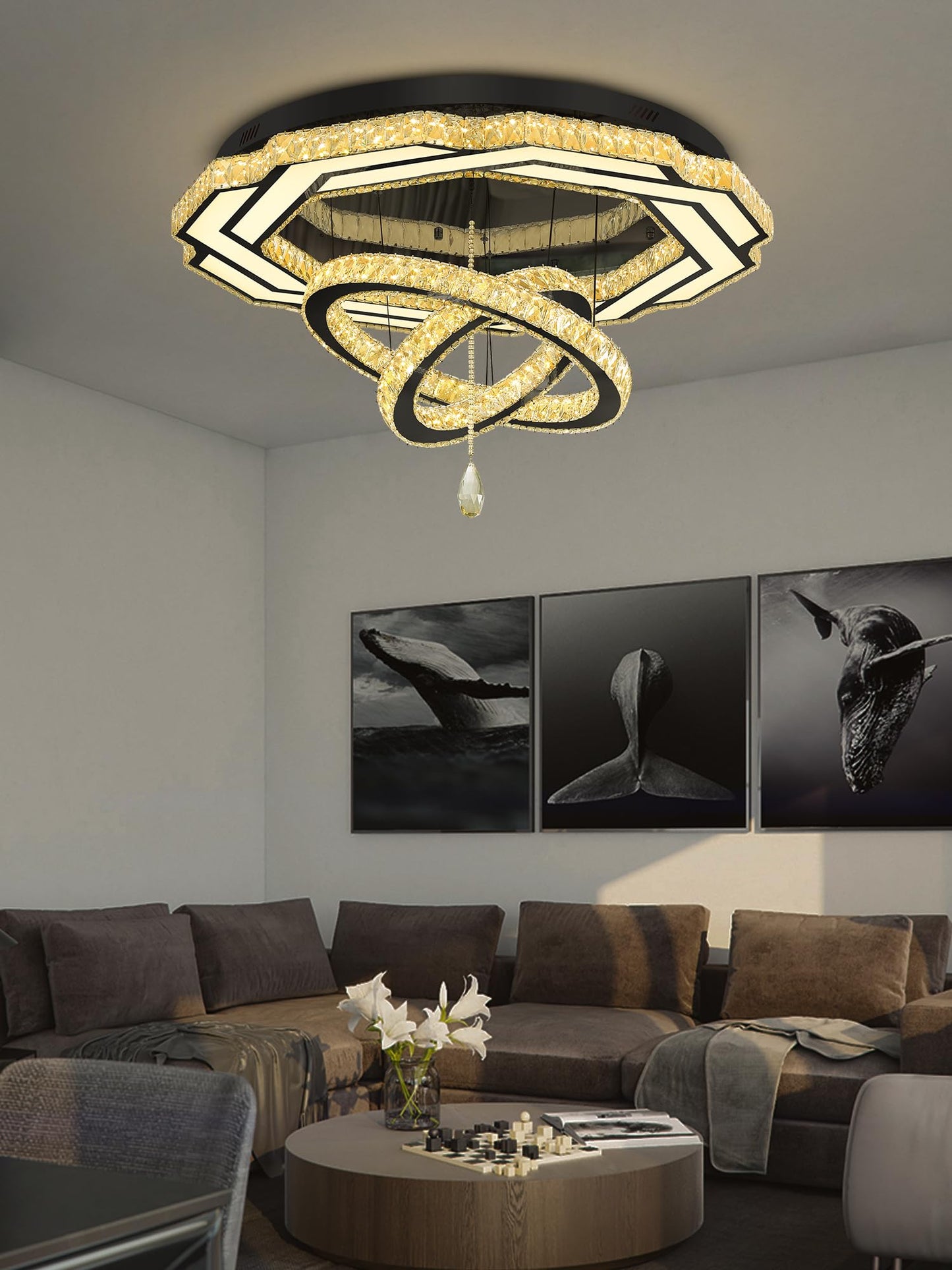 Flashing God Crystal Chandeliers Dia 32" Silver Elegant Chandelier Flush Mount Ceiling Light for Bedroom Living Room Dining Room Hallway Dimmable 3 Rings LED Celing Lighting Fixtures