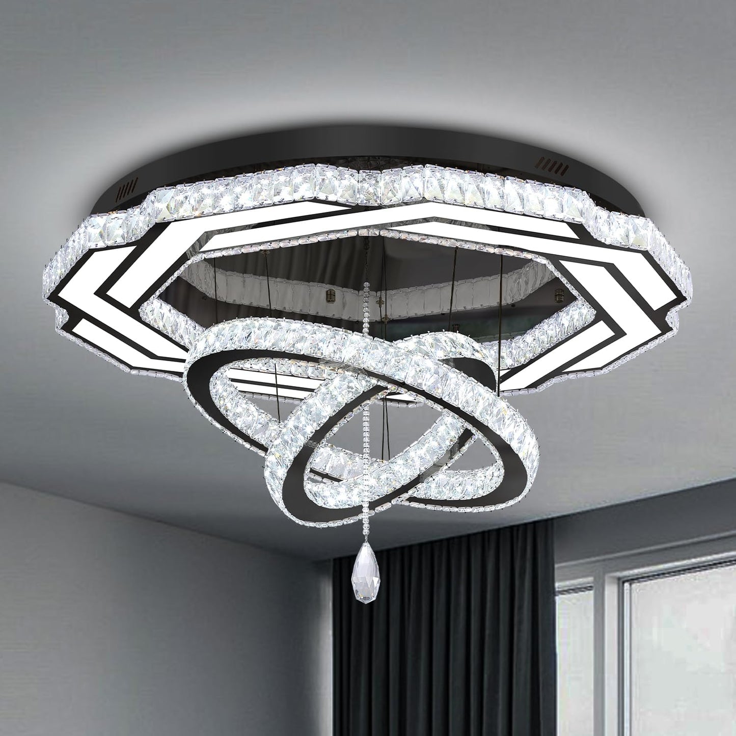 Flashing God Crystal Chandeliers Dia 32" Silver Elegant Chandelier Flush Mount Ceiling Light for Bedroom Living Room Dining Room Hallway Dimmable 3 Rings LED Celing Lighting Fixtures