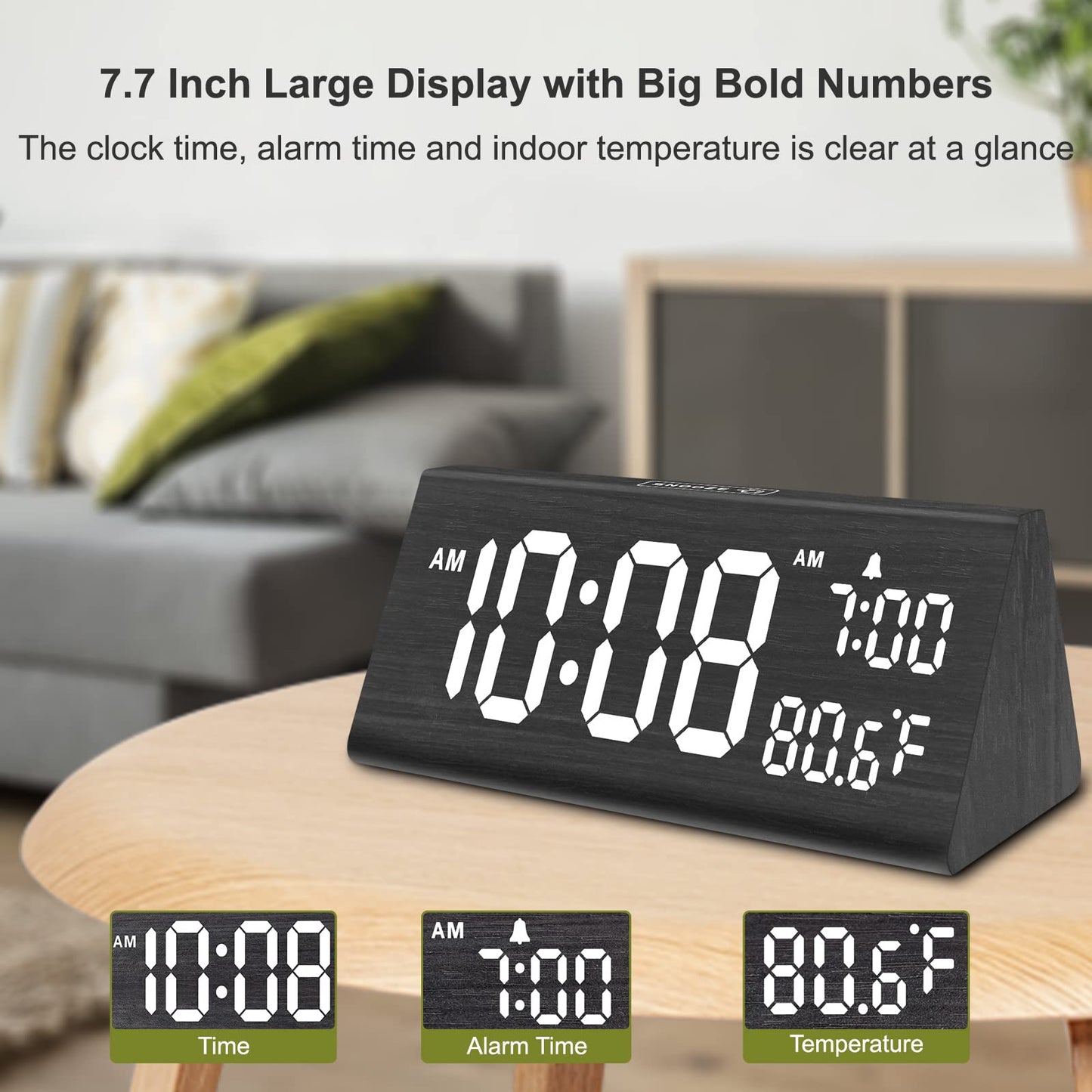 DreamSky Digital Alarm Clocks for Bedrooms - Wooden Desk Clock with Date, Day of Week, USB Port, Temperature, Dimmer for Bedside Table, Living Room, Office, Adjustable Volume, Auto DST, Wood Decor