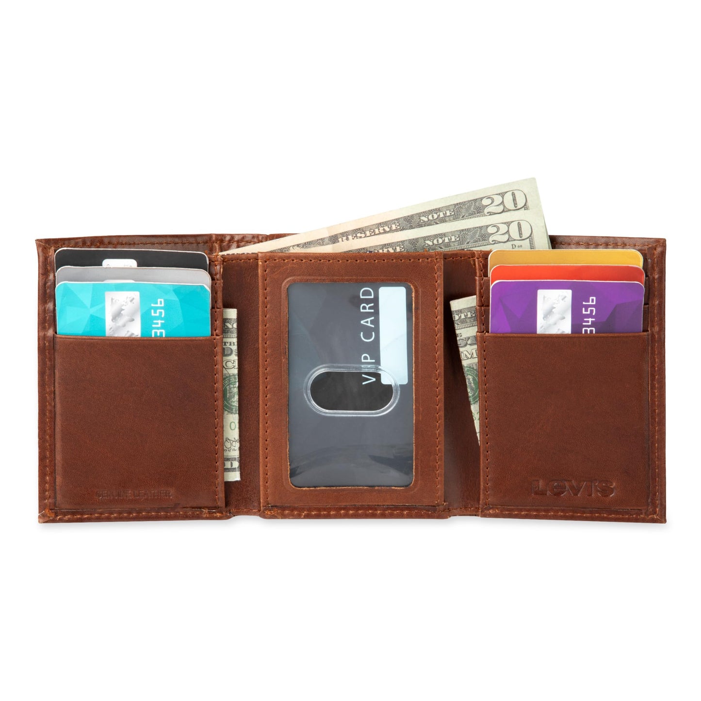 Levi's Men's Trifold Wallet-Sleek and Slim Includes Id Window and Credit Card Holder, Brown Stitch, One Size