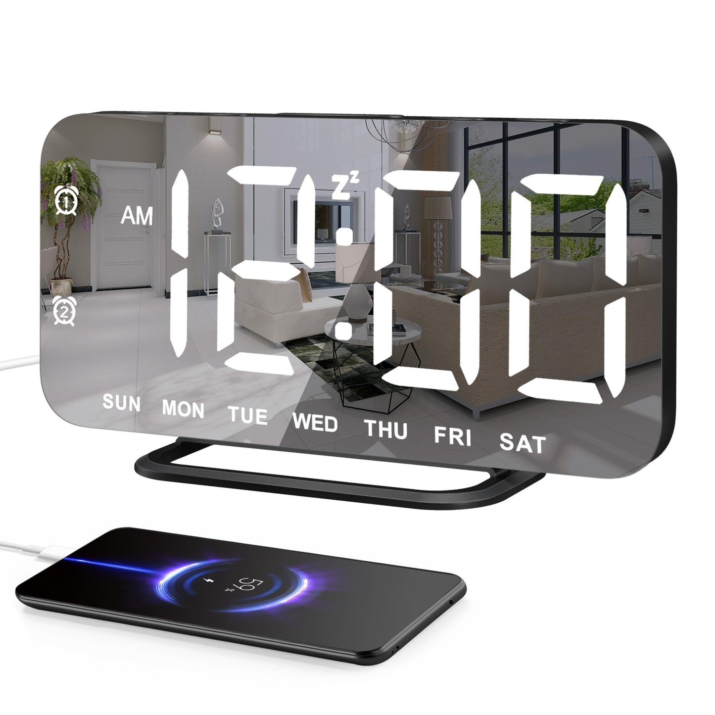 Slim LED Digital Alarm Clock, Mirror Surface for Makeup, with Diming, Large Display, Easy Setting, USB Ports, Modern Decor for Bedroom, Desk, Xmas, Birthday Gift for Women, Sister, Teen Girl, Silver