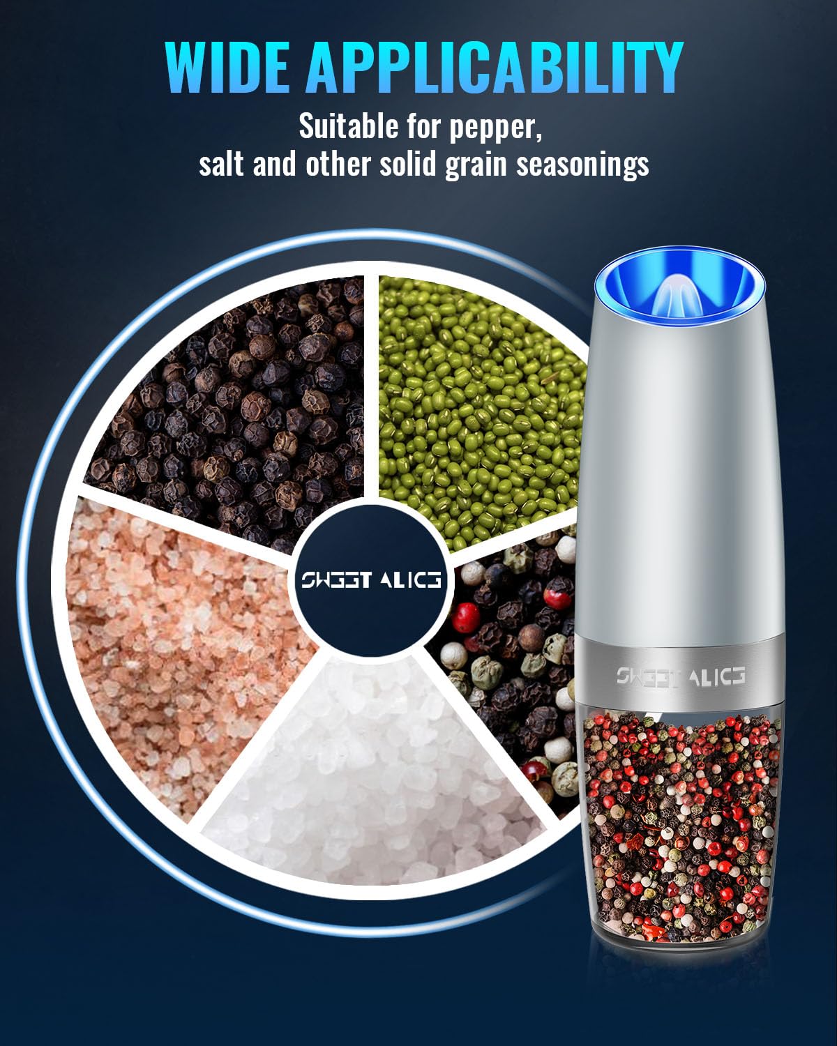 Gravity Electric Pepper and Salt Grinder Set, Salt and Pepper Mill & Adjustable Coarseness, Battery Powered with LED Light, One Hand Automatic Operation, Stainless Steel (Set/Silver)