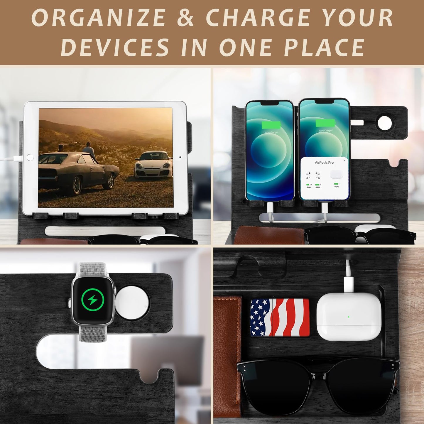 Gifts for Men Dad from Daughter Son Christmas, Wood Phone Docking Station with Drawer, Husband Birthday Gifts Him Boyfriend from Wife Anniversary Nightstand Organizer Xmas Stocking Stuffers