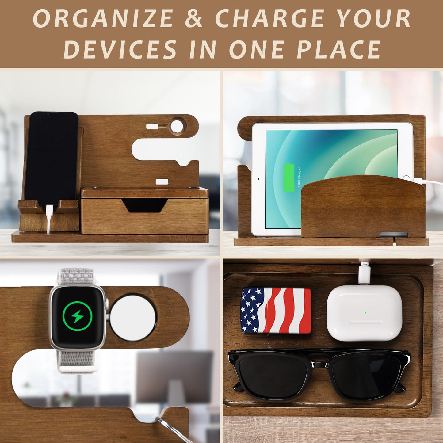 Gifts for Men Dad from Daughter Son Christmas, Wood Phone Docking Station with Drawer, Husband Birthday Gifts Him Boyfriend from Wife Anniversary Nightstand Organizer Xmas Stocking Stuffers