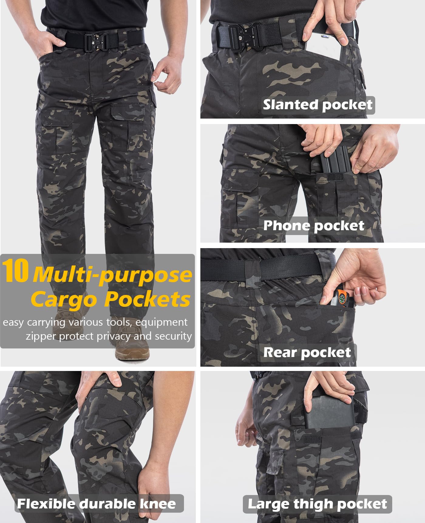 NAVEKULL Men's Outdoor Tactical Pants Rip Stop Lightweight Waterproof Military Combat Cargo Work Hiking Pants
