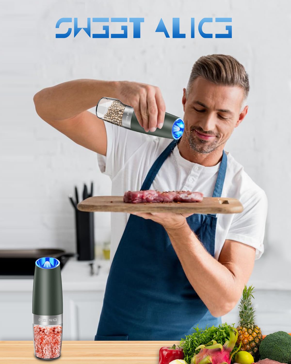 Gravity Electric Pepper and Salt Grinder Set, Salt and Pepper Mill & Adjustable Coarseness, Battery Powered with LED Light, One Hand Automatic Operation, Stainless Steel (Set/Silver)