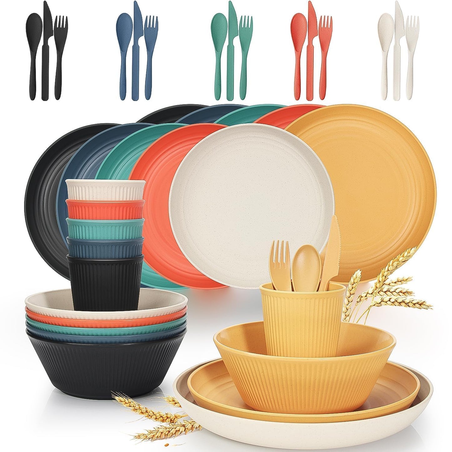 42 Pieces Wheat Straw Dinnerware Set - OAMCEG Plastic Dinner Set for 6, Kitchen Plates and Bowls Set, College Dorm Microwave Dishes, Unbreakable Plastic Outdoor Camping Dishes, Black