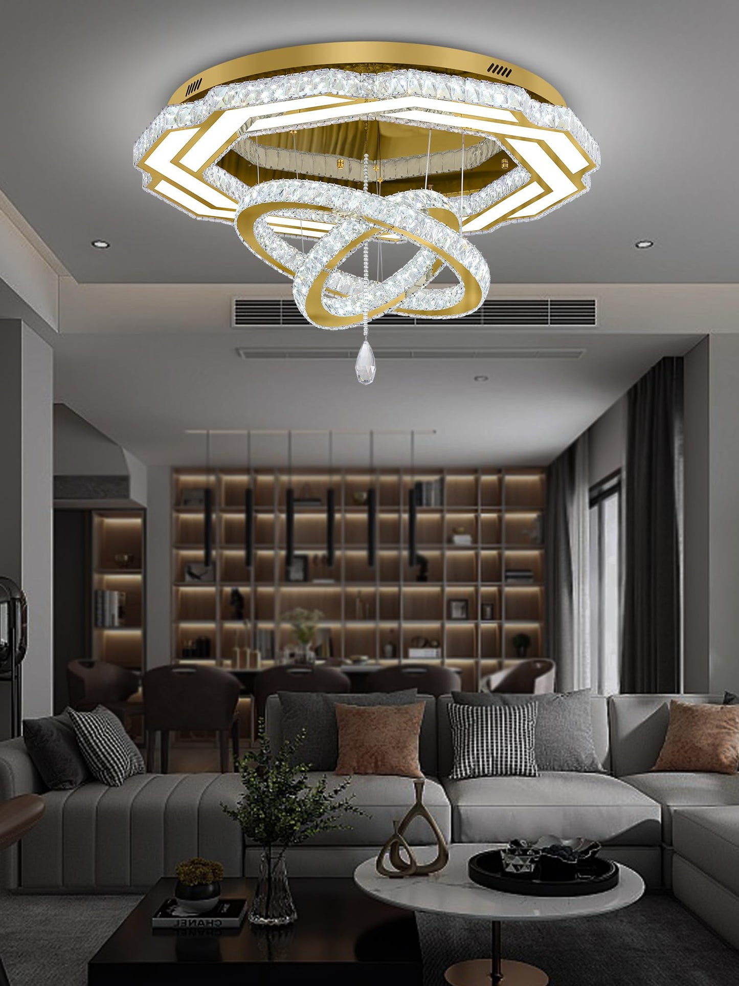 Flashing God Crystal Chandeliers Dia 32" Silver Elegant Chandelier Flush Mount Ceiling Light for Bedroom Living Room Dining Room Hallway Dimmable 3 Rings LED Celing Lighting Fixtures