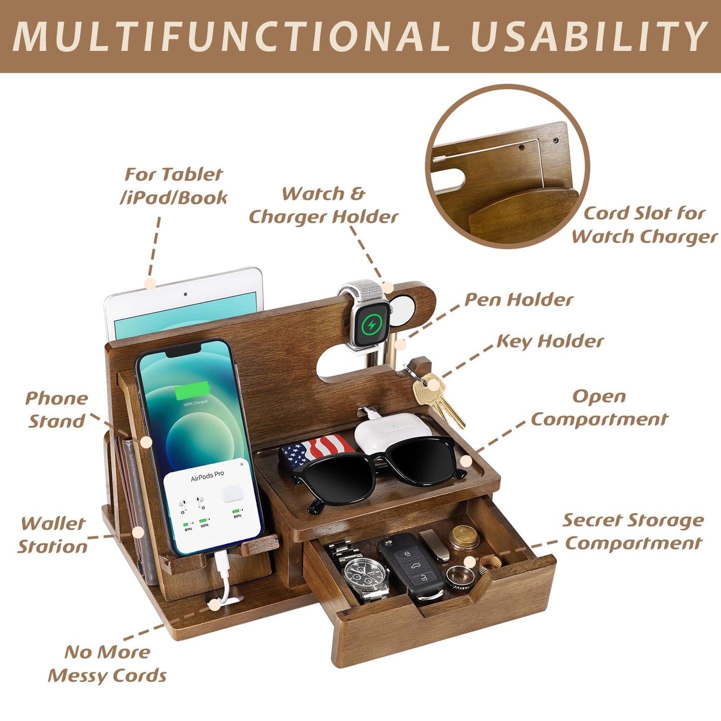 Gifts for Men Dad from Daughter Son Christmas, Wood Phone Docking Station with Drawer, Husband Birthday Gifts Him Boyfriend from Wife Anniversary Nightstand Organizer Xmas Stocking Stuffers