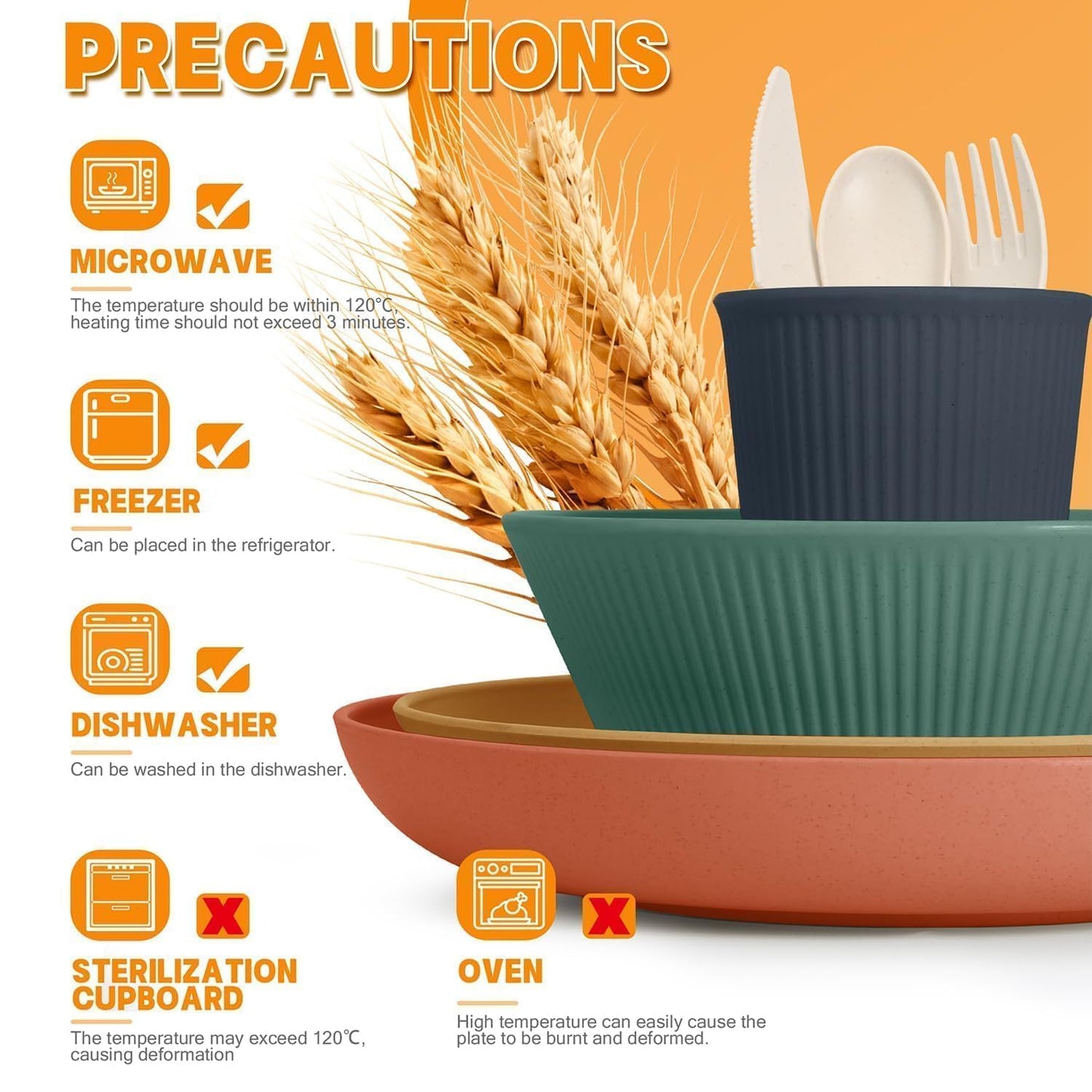42 Pieces Wheat Straw Dinnerware Set - OAMCEG Plastic Dinner Set for 6, Kitchen Plates and Bowls Set, College Dorm Microwave Dishes, Unbreakable Plastic Outdoor Camping Dishes, Black
