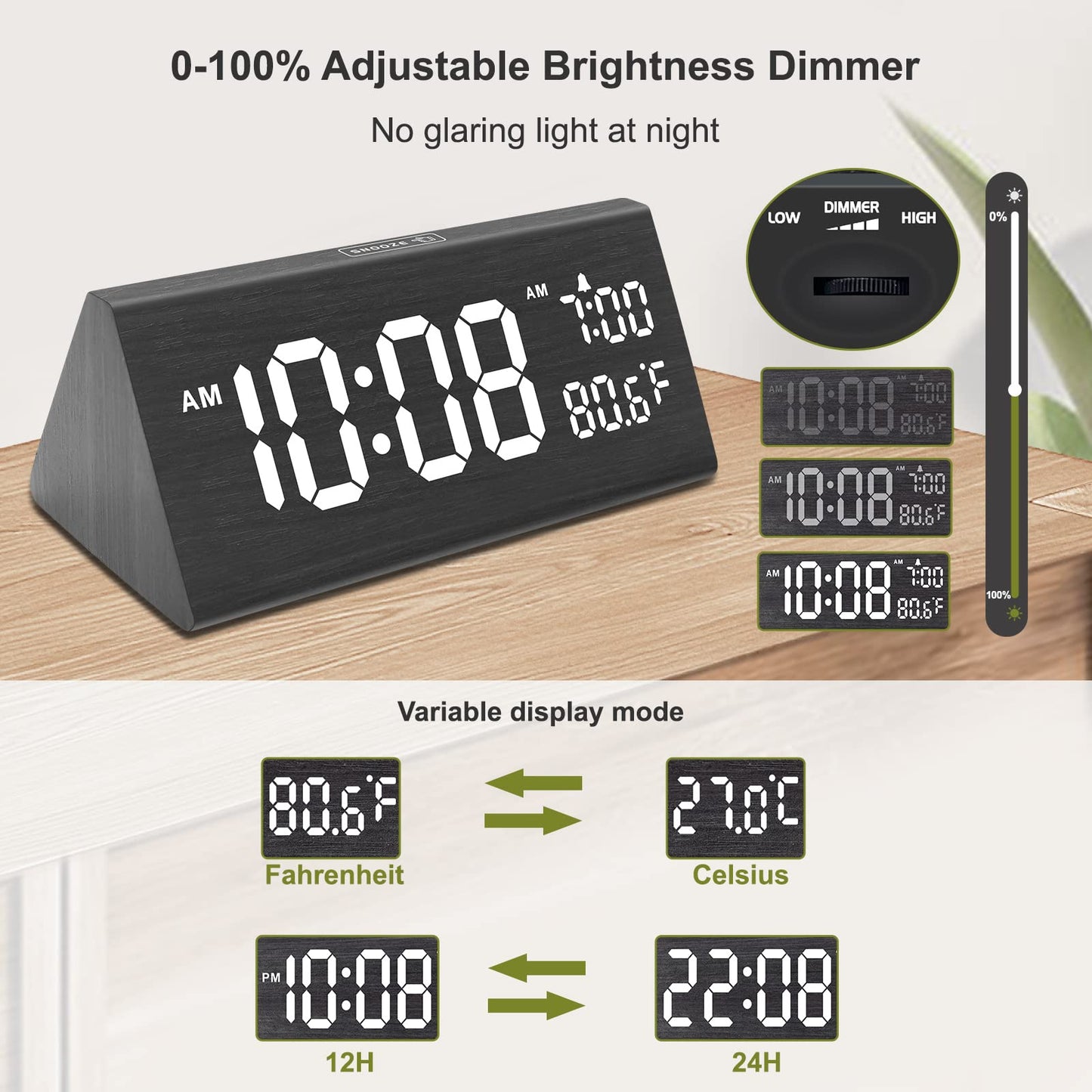DreamSky Digital Alarm Clocks for Bedrooms - Wooden Desk Clock with Date, Day of Week, USB Port, Temperature, Dimmer for Bedside Table, Living Room, Office, Adjustable Volume, Auto DST, Wood Decor