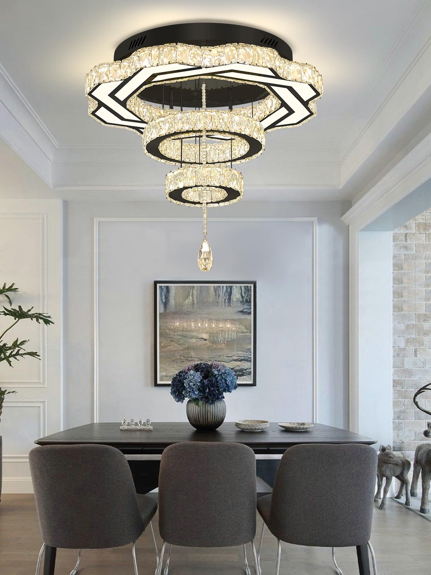 Flashing God Crystal Chandeliers Dia 32" Silver Elegant Chandelier Flush Mount Ceiling Light for Bedroom Living Room Dining Room Hallway Dimmable 3 Rings LED Celing Lighting Fixtures