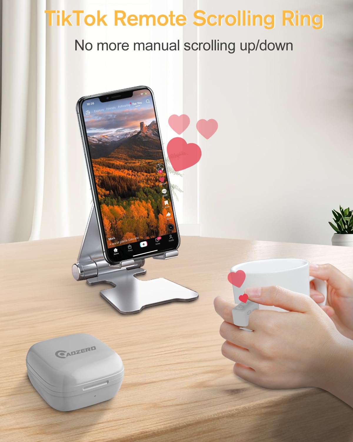 Remote Control for TikTok, Page Turner for Kindle App, Bluetooth Camera Video Recording Remote, Scrolling Ring for TIK Tok, iPhone, iPad, iOS, Android - Pink