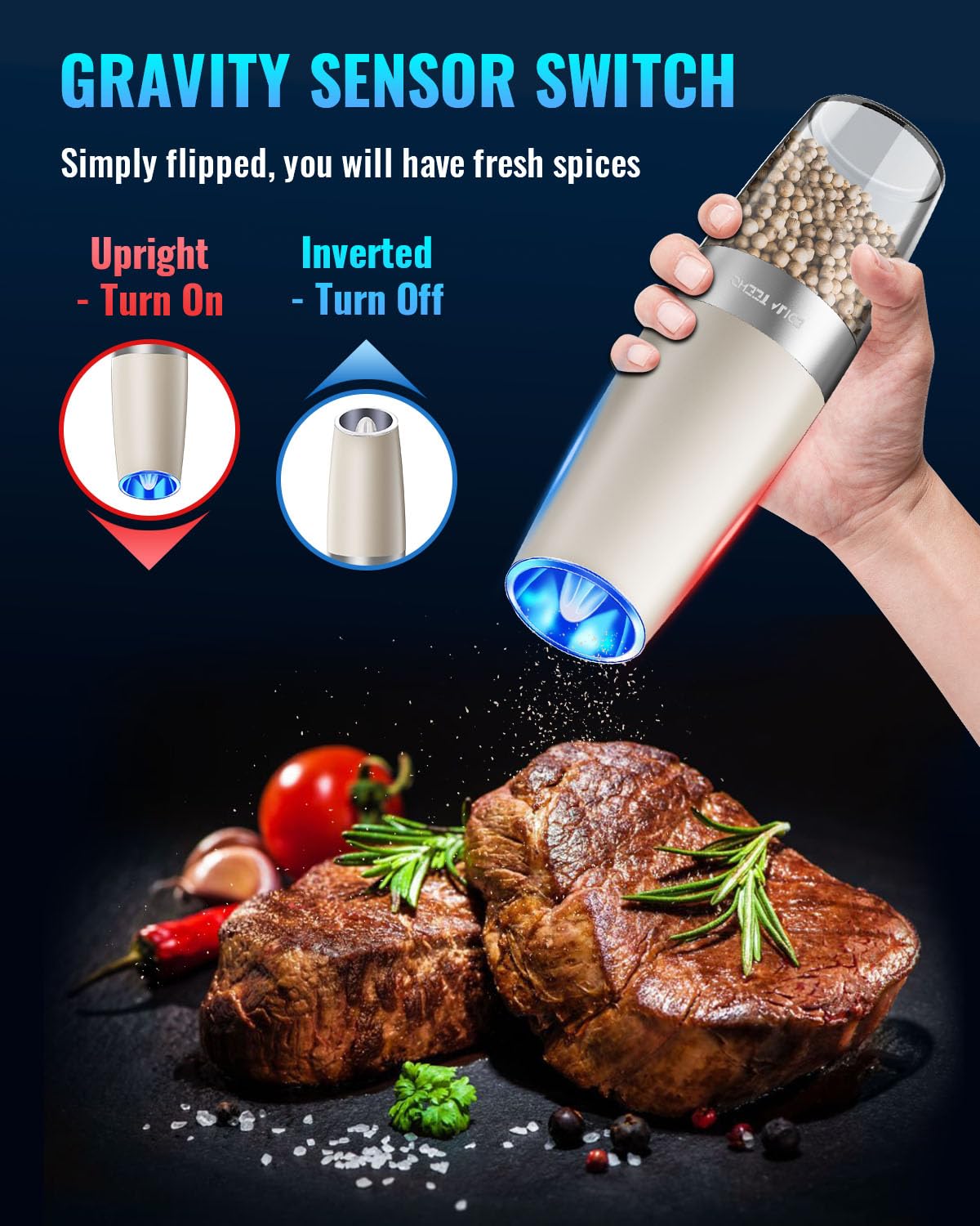 Gravity Electric Pepper and Salt Grinder Set, Salt and Pepper Mill & Adjustable Coarseness, Battery Powered with LED Light, One Hand Automatic Operation, Stainless Steel (Set/Silver)