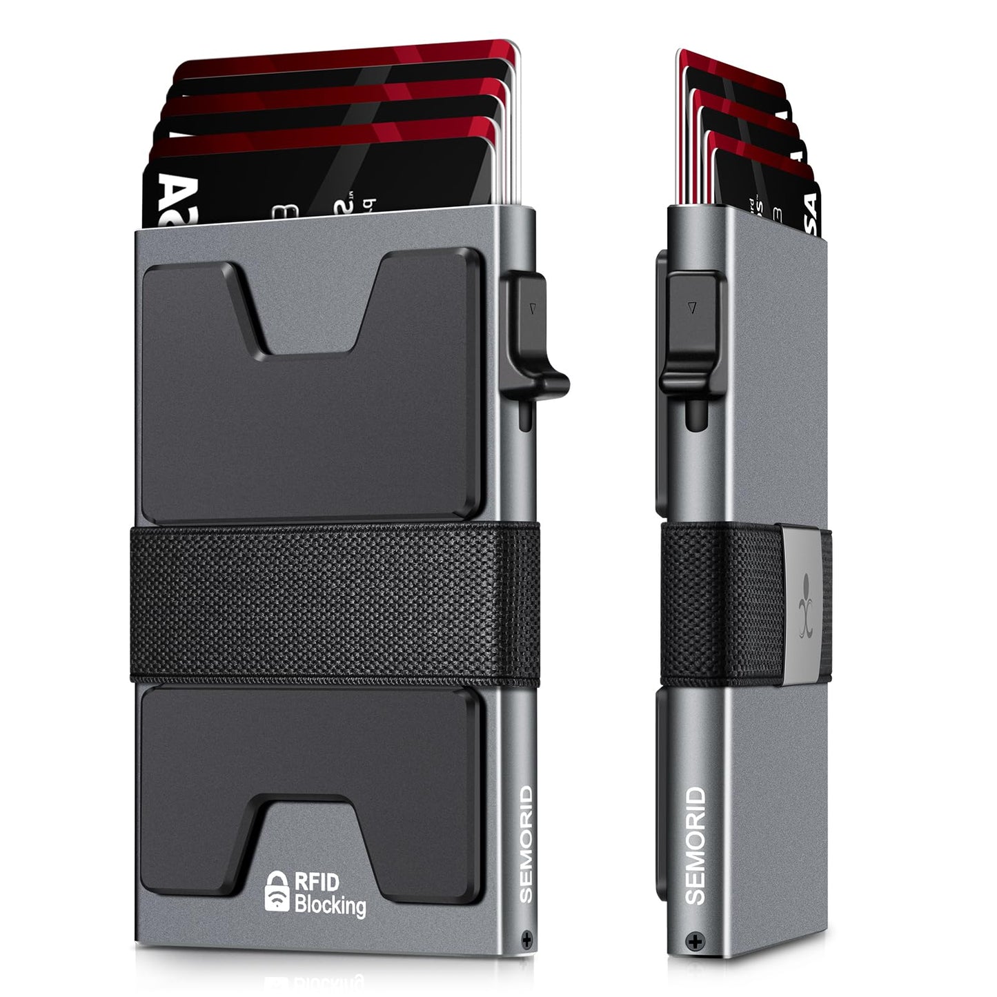 Slim Aluminum Card Holder Wallet for Men, Durable Expandable Backplate, RFID Blocking Minimalist Metal Pop Up Wallet, Holds 12+ Cards Plus Cash (Black)