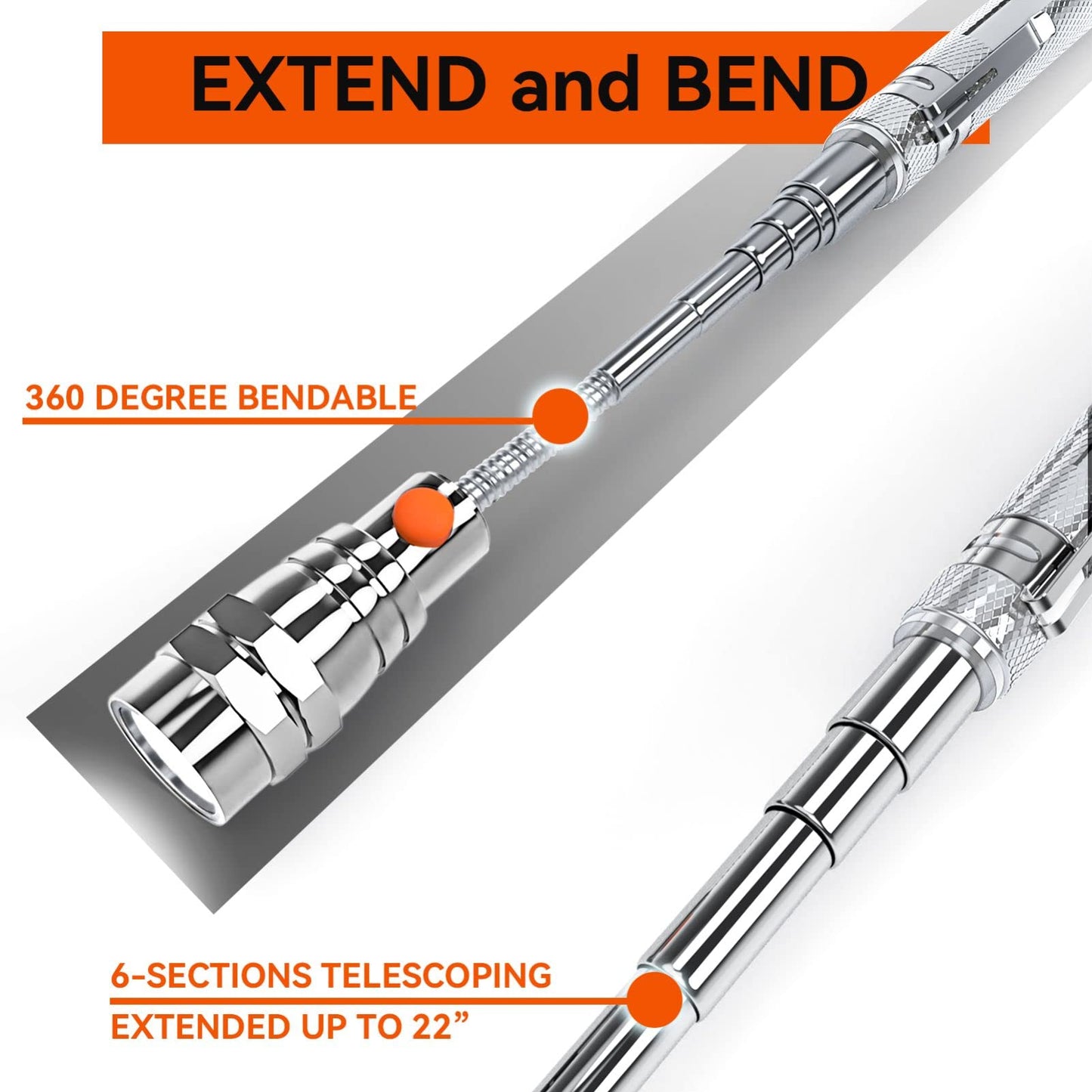 VIBELITE Extendable Magnetic Flashlight with Telescoping Magnet Pickup Tool-Cool Gadgets Gifts Idea & Gifts for Men,Husband,Dad,Father,Mechanic,Tech,Handyman,Him Women, Silve