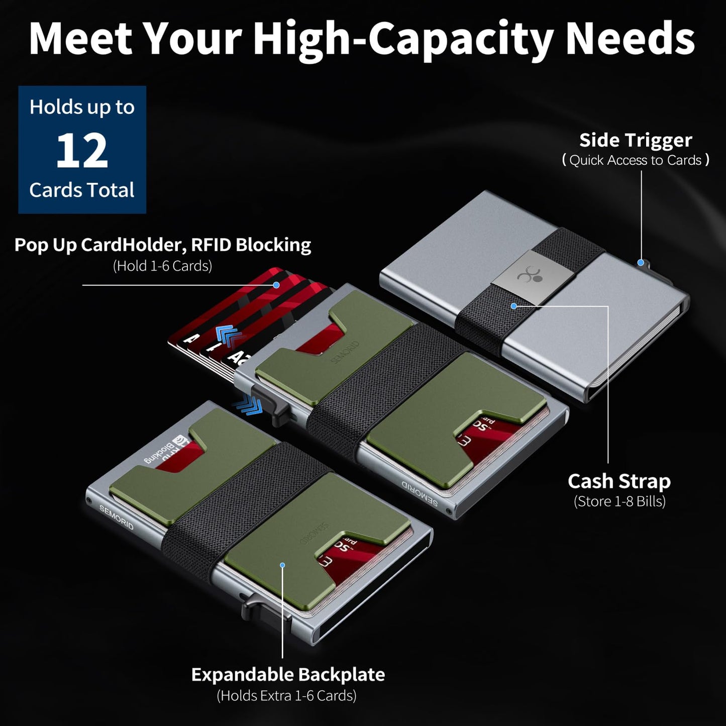 Slim Aluminum Card Holder Wallet for Men, Durable Expandable Backplate, RFID Blocking Minimalist Metal Pop Up Wallet, Holds 12+ Cards Plus Cash (Black)