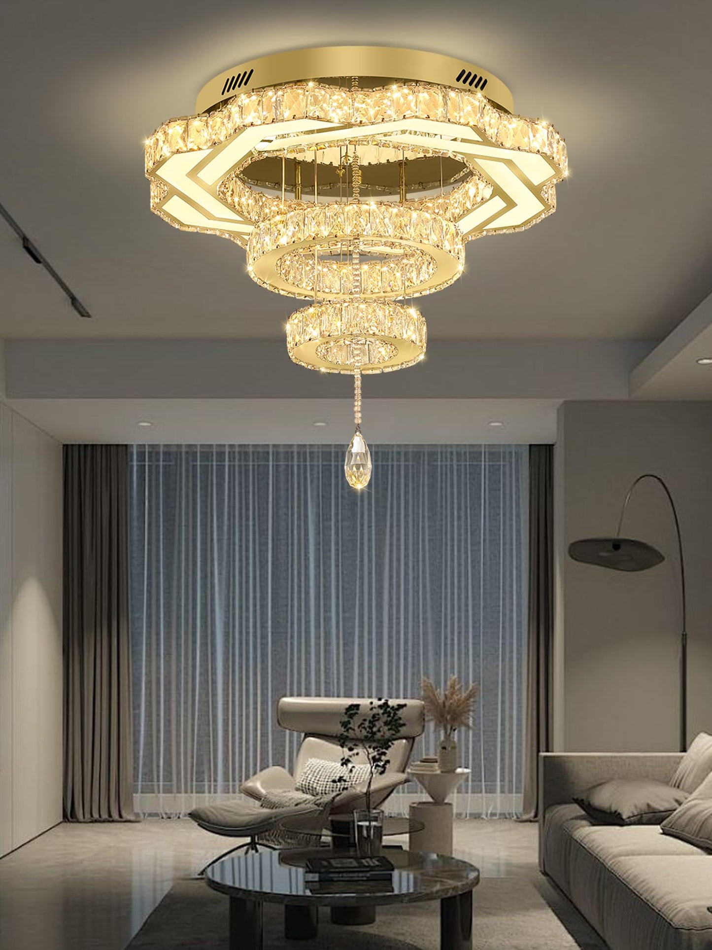 Flashing God Crystal Chandeliers Dia 32" Silver Elegant Chandelier Flush Mount Ceiling Light for Bedroom Living Room Dining Room Hallway Dimmable 3 Rings LED Celing Lighting Fixtures