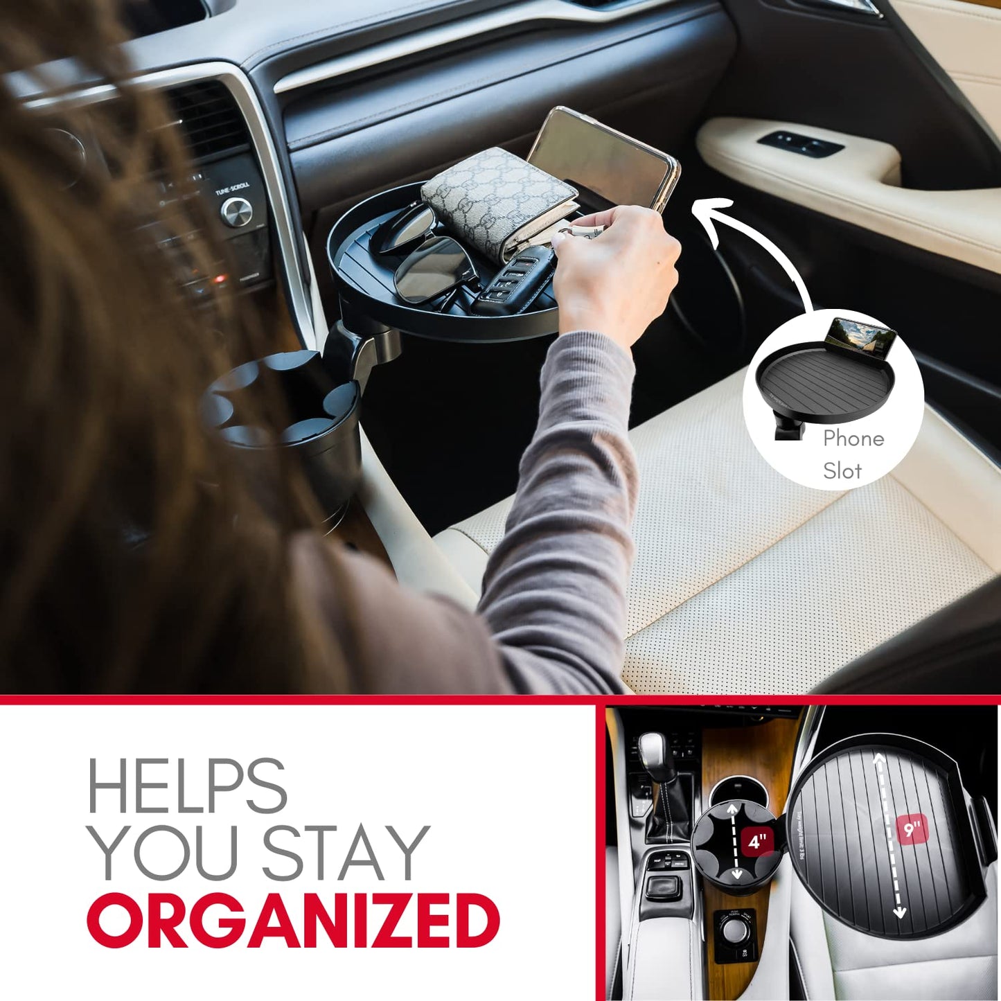 Macally Cup Holder Tray for Car - Adjustable Car Tray Table - Perfect Car Food Tray for Eating with Phone Slot and Swivel Arm - Car Organizer