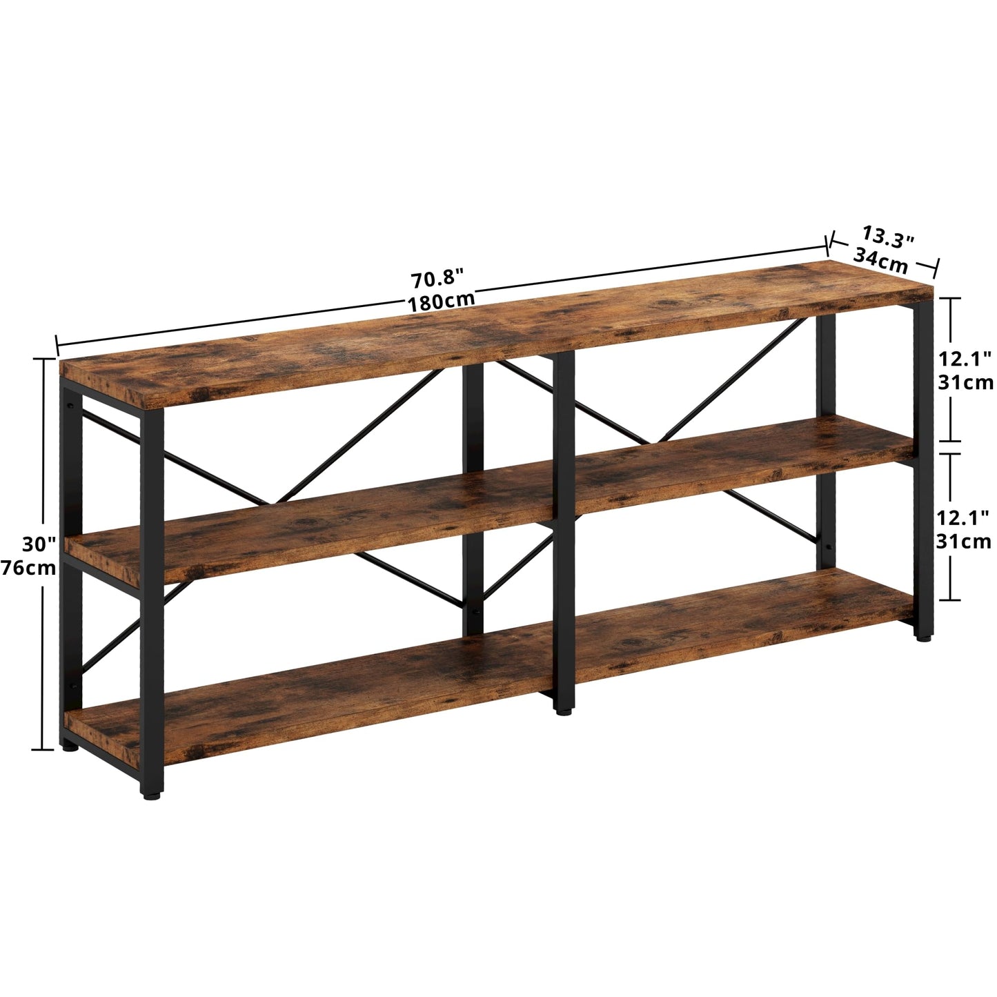 IRONCK Rustic Entryway Console Table, Long Hallway Table 55 in 3-Tier, TV Stand Entertainment Center Media Stand for Living Room, Industrial Style, Vintage Brown