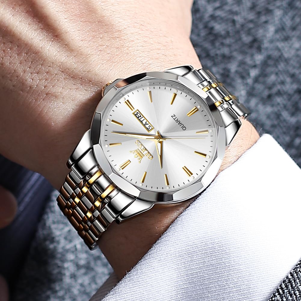 OLEVS Watch for Men Diamond Business Dress Analog Quartz Stainless Steel Waterproof Luminous Date Two Tone Luxury Casual Wrist Watch