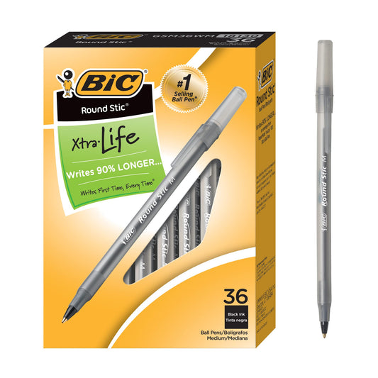 BIC Round Stic Xtra Life Ball Point Pen; Black 36 Pack