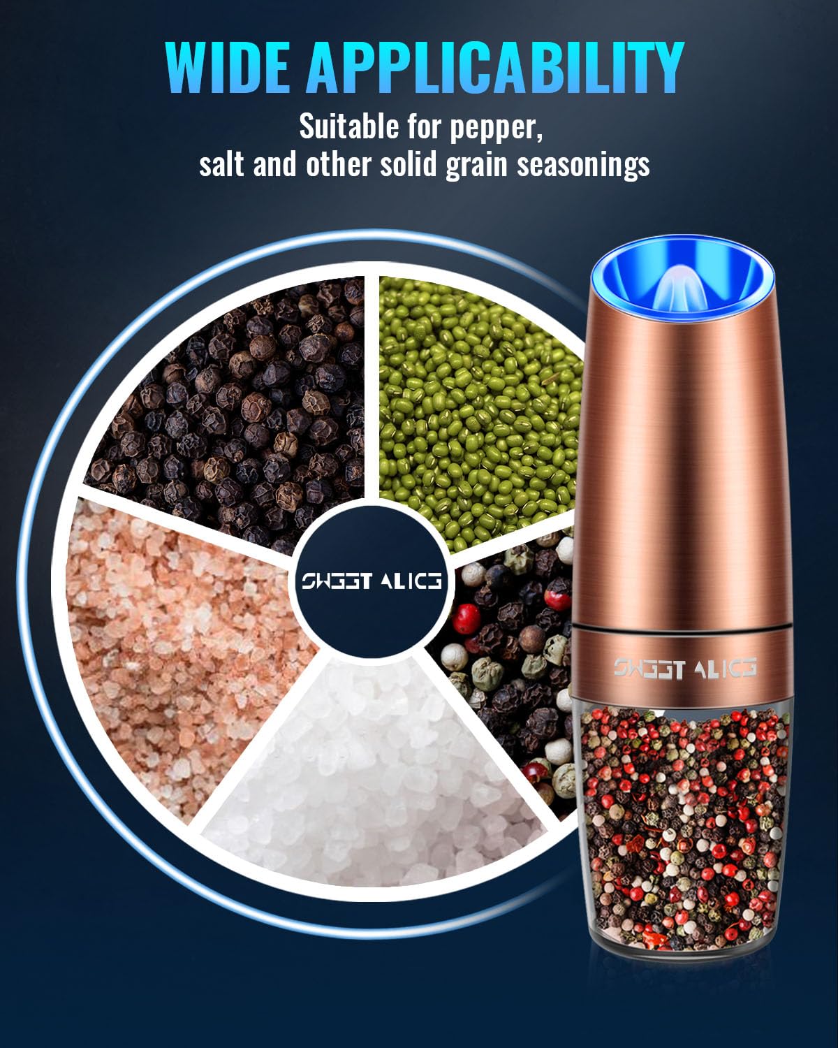 Gravity Electric Pepper and Salt Grinder Set, Salt and Pepper Mill & Adjustable Coarseness, Battery Powered with LED Light, One Hand Automatic Operation, Stainless Steel (Set/Silver)