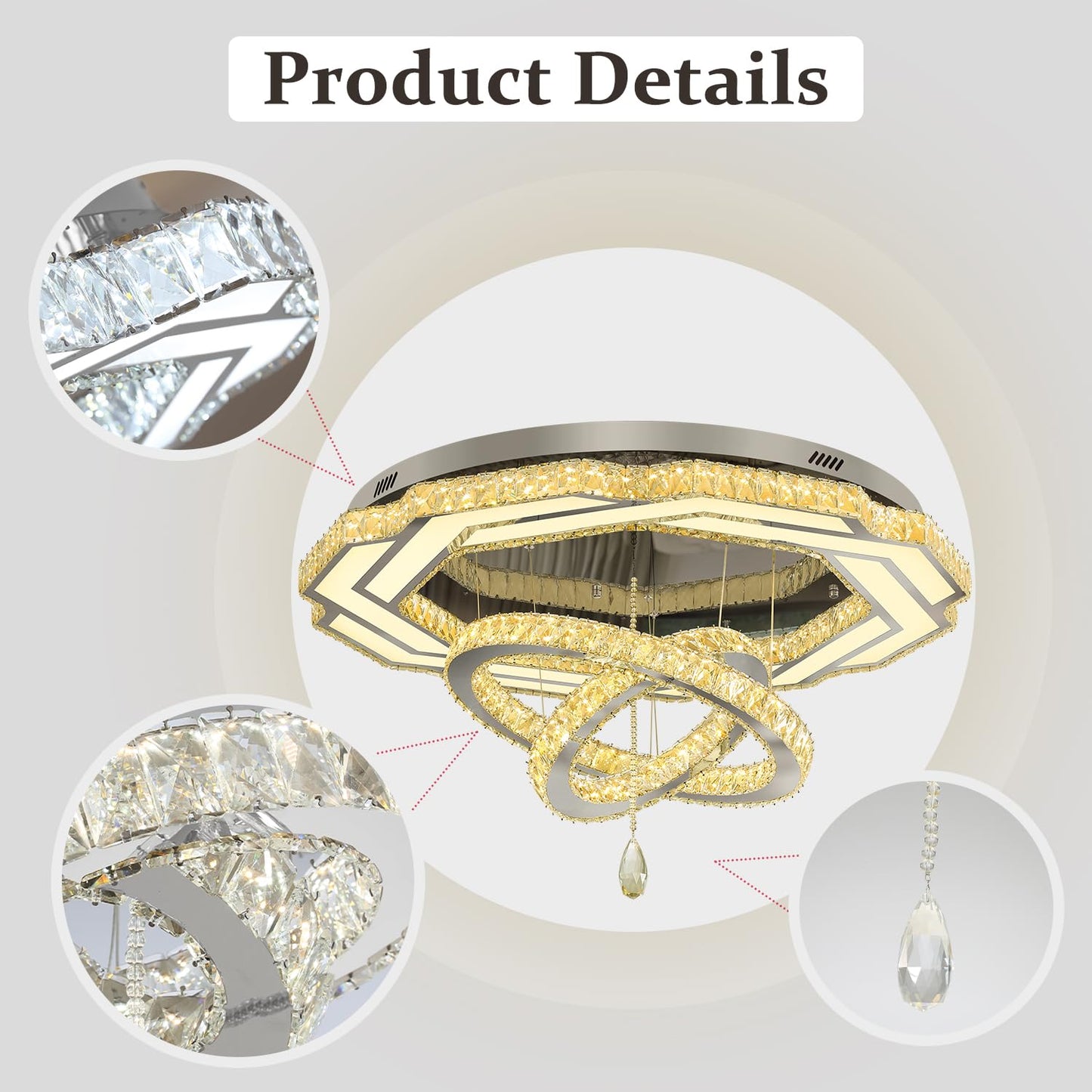 Flashing God Crystal Chandeliers Dia 32" Silver Elegant Chandelier Flush Mount Ceiling Light for Bedroom Living Room Dining Room Hallway Dimmable 3 Rings LED Celing Lighting Fixtures