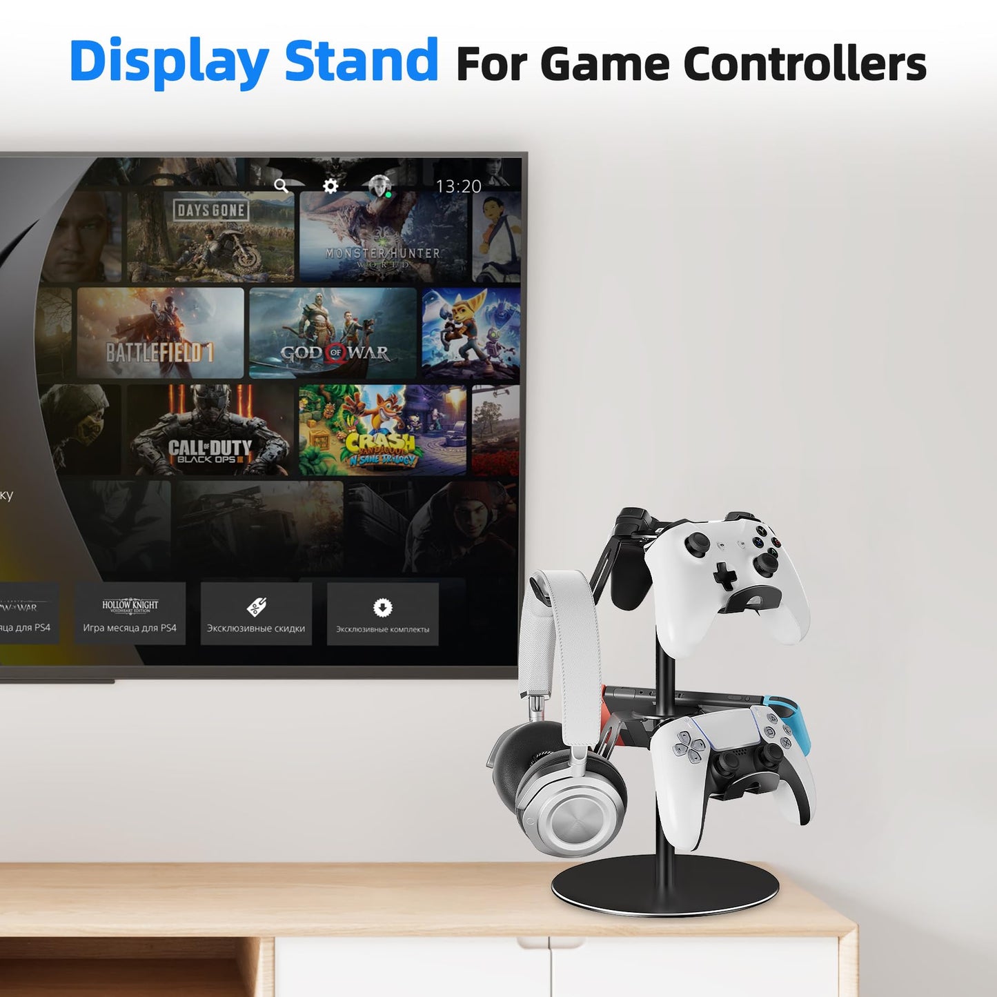 Controller Holder 2 Aluminum Alloy Tier,Headphone Stand - Gaming Controller Stand for Xbox PS5 PS4 Switch,Gaming Controller Headset Holder for Universal Gaming Accessories(Black)