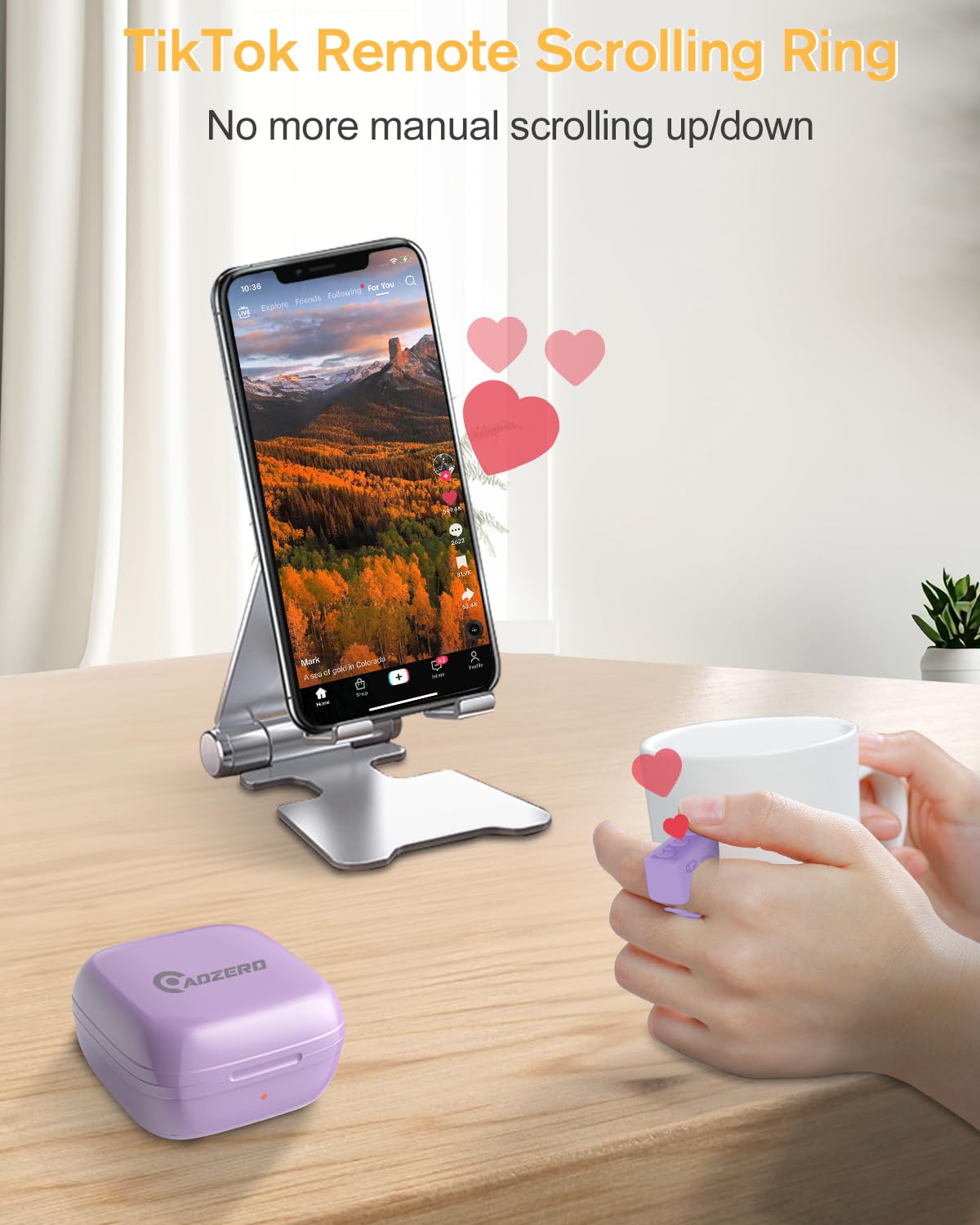 Remote Control for TikTok, Page Turner for Kindle App, Bluetooth Camera Video Recording Remote, Scrolling Ring for TIK Tok, iPhone, iPad, iOS, Android - Pink