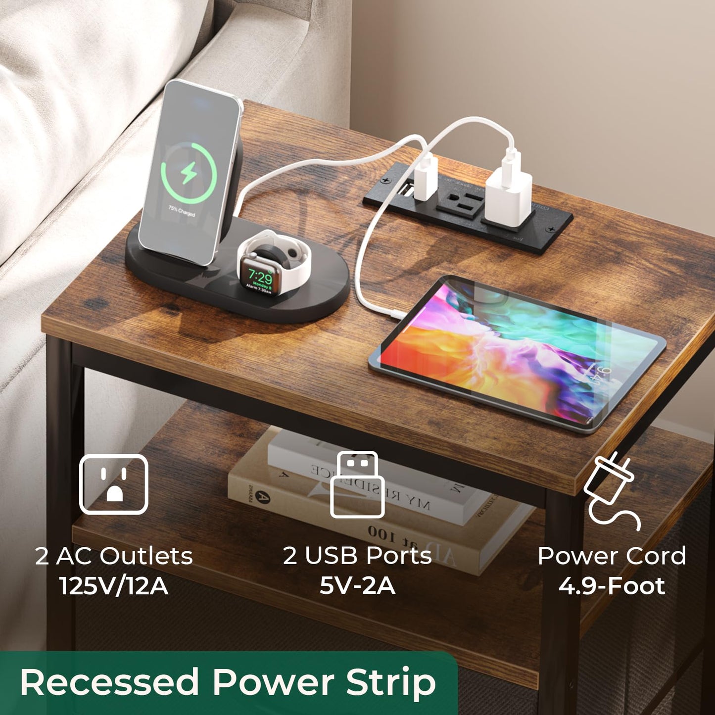 Huuger Nightstand with Charging Station, Side Table with Fabric Drawers, End Table with Open Shelf, Bedside Table with USB Ports and Outlets, Night Stand for Bedroom, Rustic Brown and Black