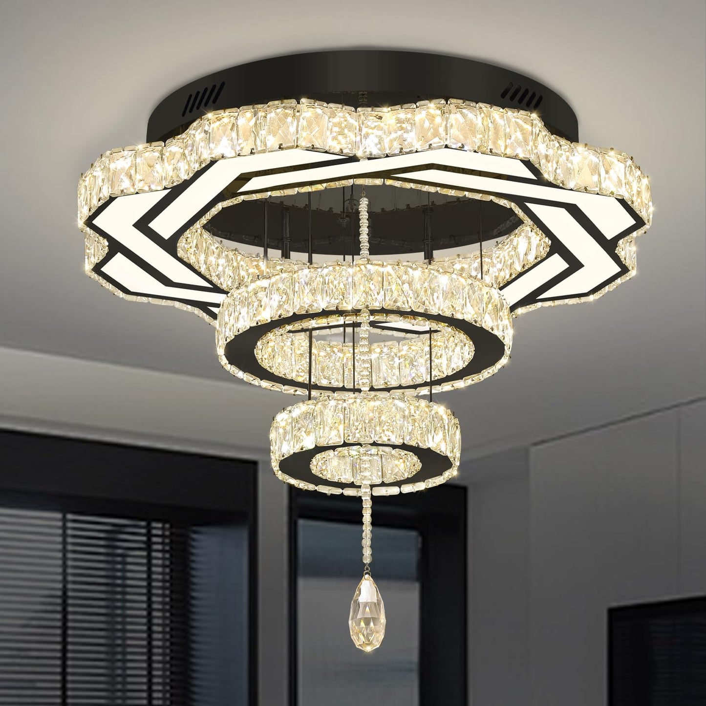Flashing God Crystal Chandeliers Dia 32" Silver Elegant Chandelier Flush Mount Ceiling Light for Bedroom Living Room Dining Room Hallway Dimmable 3 Rings LED Celing Lighting Fixtures