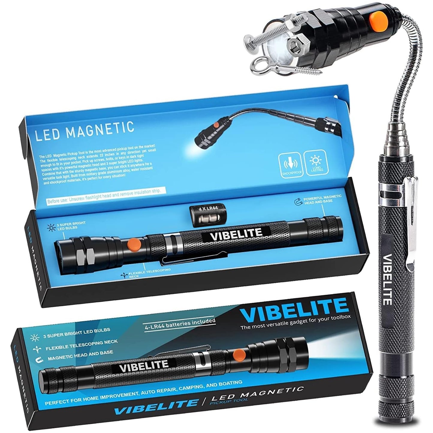 VIBELITE Extendable Magnetic Flashlight with Telescoping Magnet Pickup Tool-Cool Gadgets Gifts Idea & Gifts for Men,Husband,Dad,Father,Mechanic,Tech,Handyman,Him Women, Silve