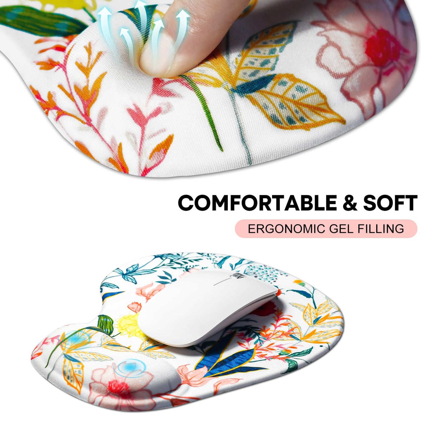 JIKIOU Mouse Pad, 2 Pack Ergonomic Mouse Pads with Comfortable Gel Wrist Rest Support and Lycra Cloth, Non-Slip PU Base for Easy Typing Pain Relief Durable and Easy to Clean Small Black