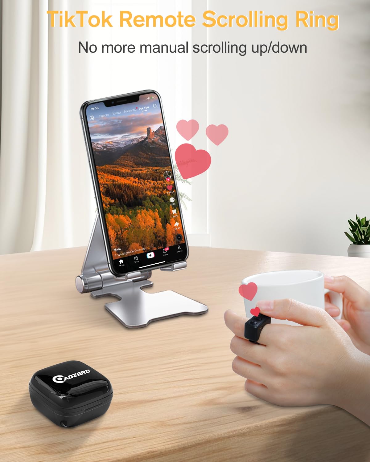 Remote Control for TikTok, Page Turner for Kindle App, Bluetooth Camera Video Recording Remote, Scrolling Ring for TIK Tok, iPhone, iPad, iOS, Android - Pink