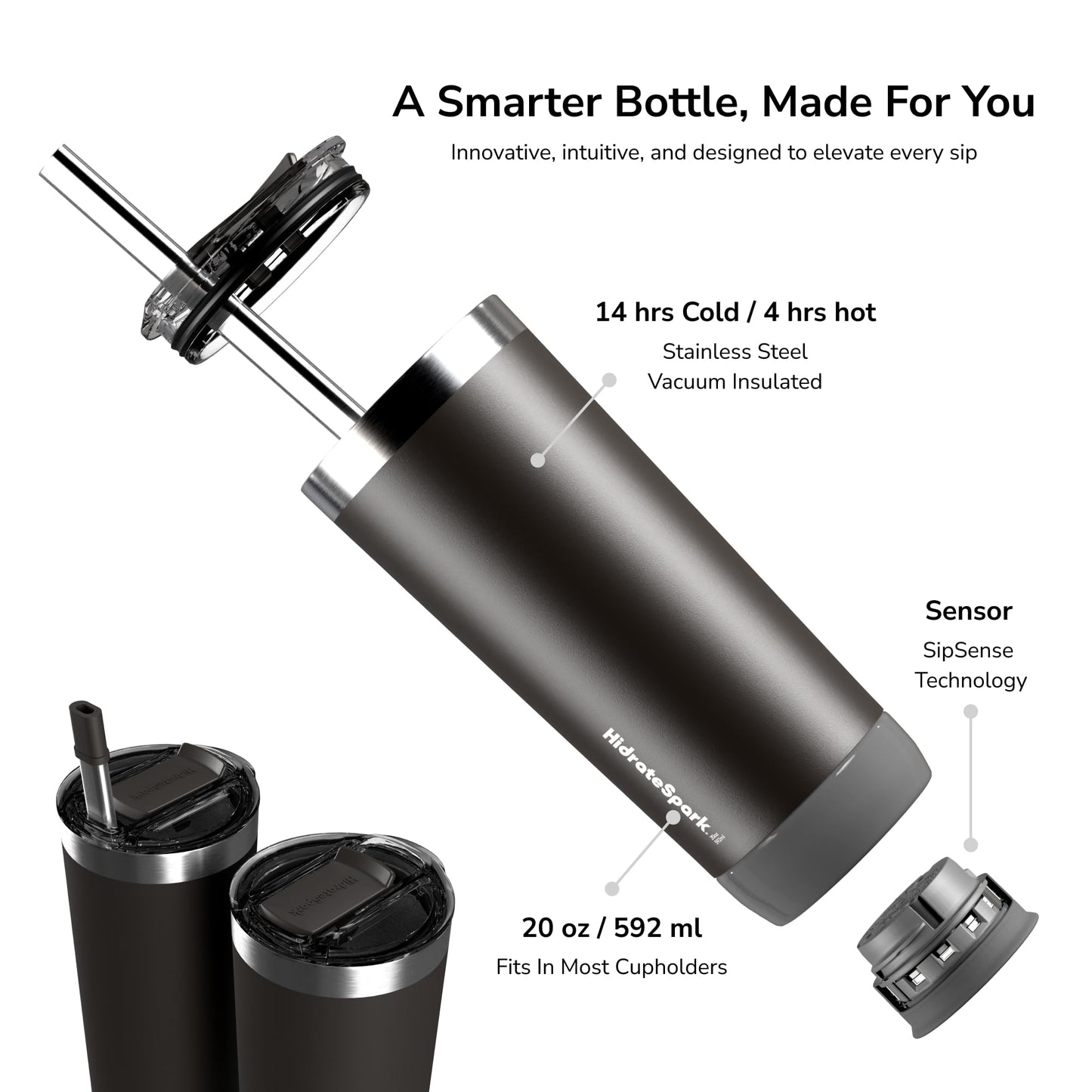 Hidrate Spark PRO Smart Tumbler with Lid & Straw – Insulated Stainless Steel – Tracks Water Intake with Bluetooth, LED Glow Reminder When You Need to Drink – 20oz, Brushed