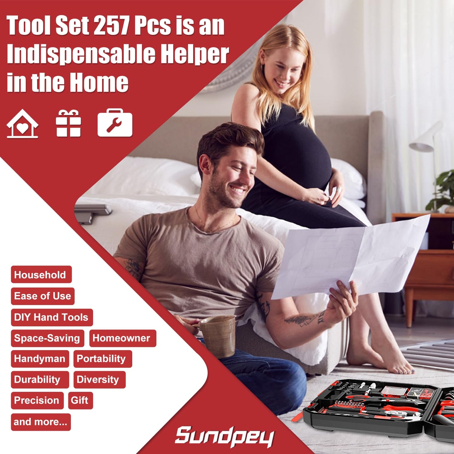 Sundpey Home Tool Kit 257-PCs - Household Basic Repair Tool Set for Men Women - General Hand Mechanic's Tool Set & Screwdriver Set & Wrench Set & Socket & Portable Tool Box Storage Case Blue