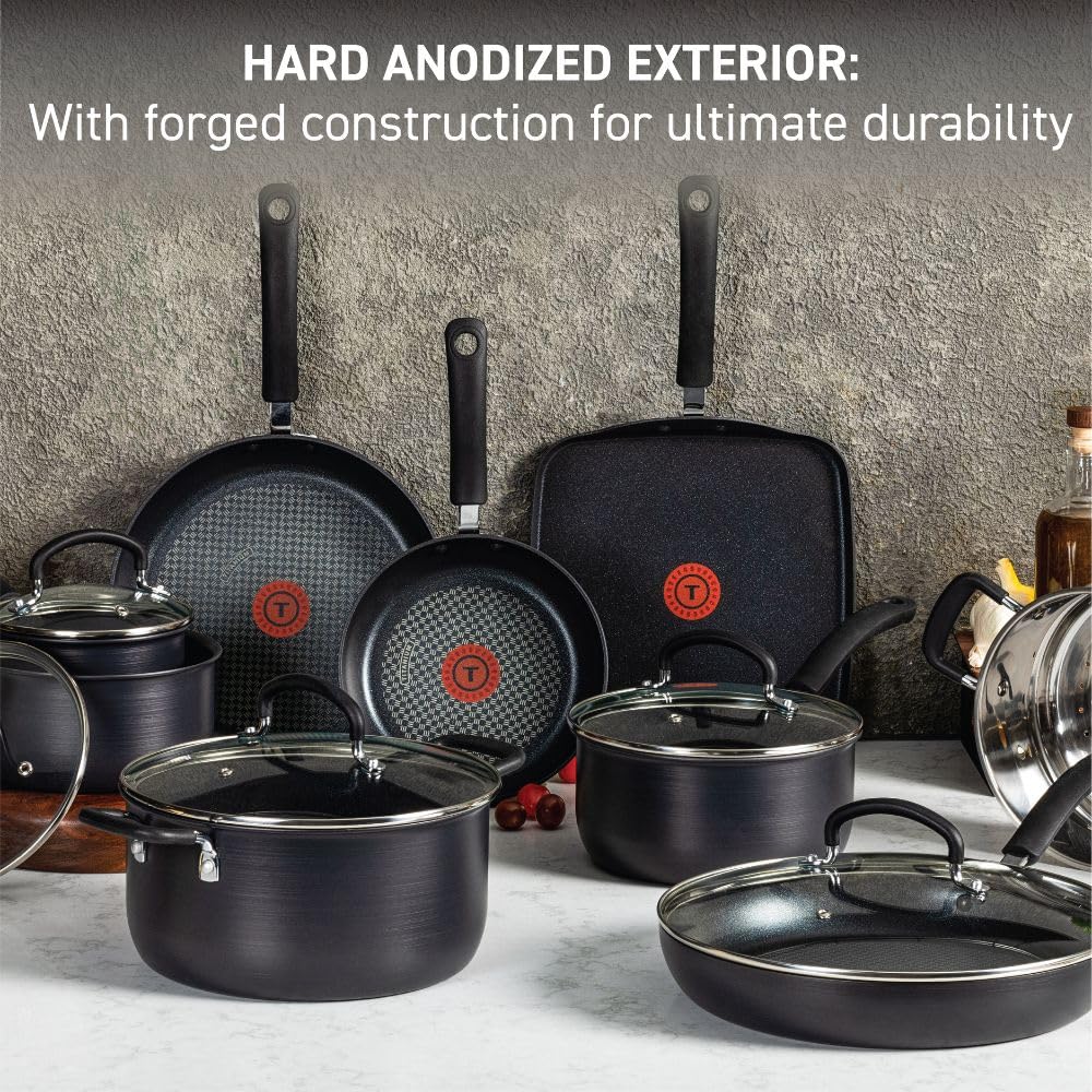 T-fal Ultimate Hard Anodized Nonstick Cookware Set 17 Piece, Oven Broiler Safe 400F, Lid Safe 350F, Kitchen Cooking Set w/ Fry Pans, Saucepans, Saute Pan, Griddle, Pots and Pans, Dishwasher Safe Black