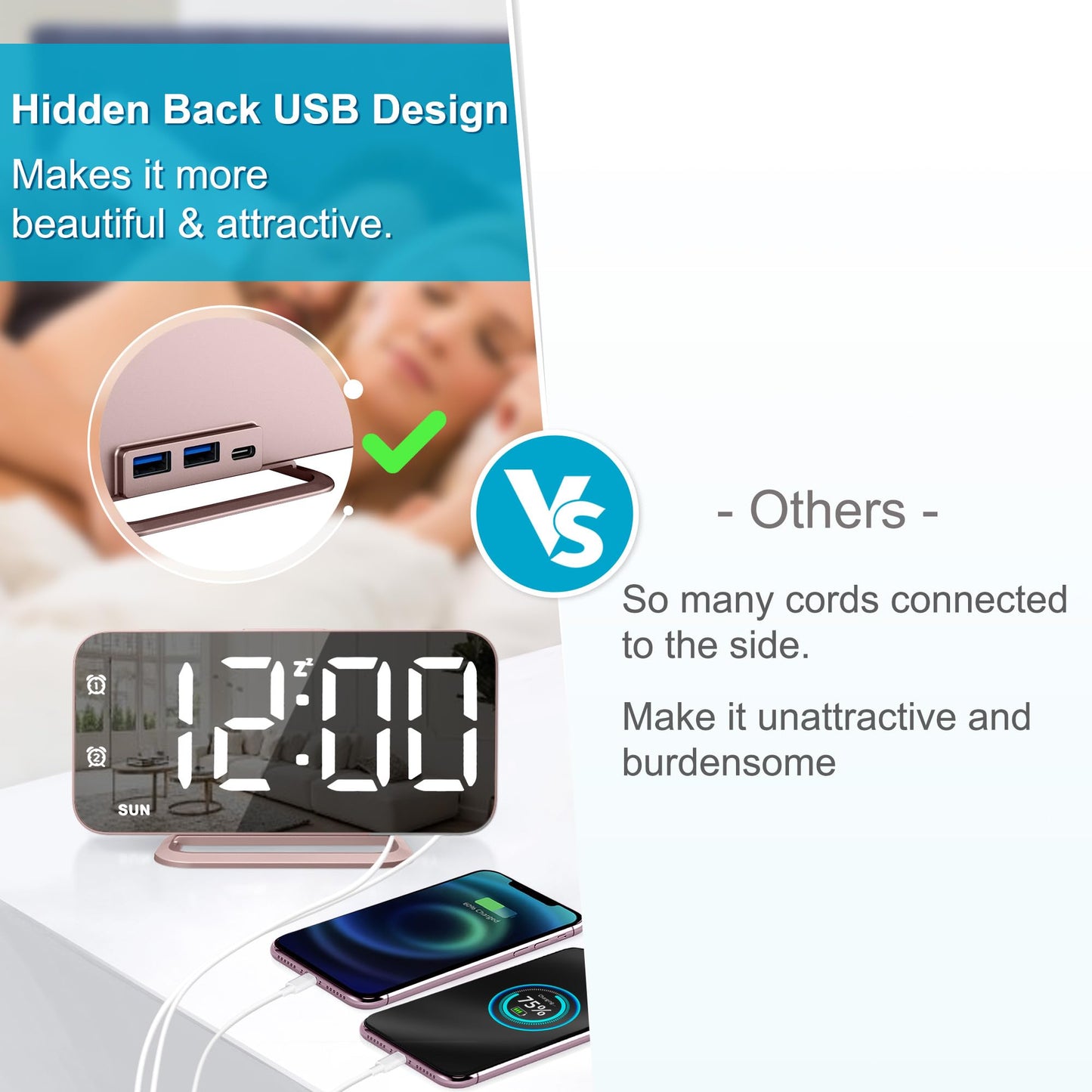 Slim LED Digital Alarm Clock, Mirror Surface for Makeup, with Diming, Large Display, Easy Setting, USB Ports, Modern Decor for Bedroom, Desk, Xmas, Birthday Gift for Women, Sister, Teen Girl, Silver