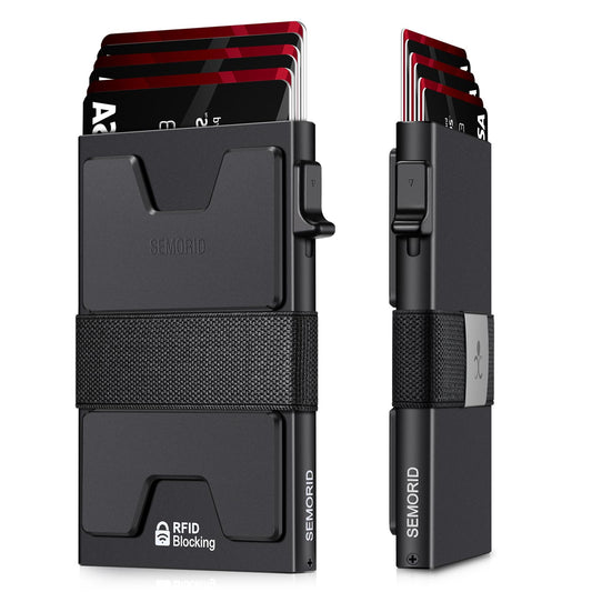 Slim Aluminum Card Holder Wallet for Men, Durable Expandable Backplate, RFID Blocking Minimalist Metal Pop Up Wallet, Holds 12+ Cards Plus Cash (Black)